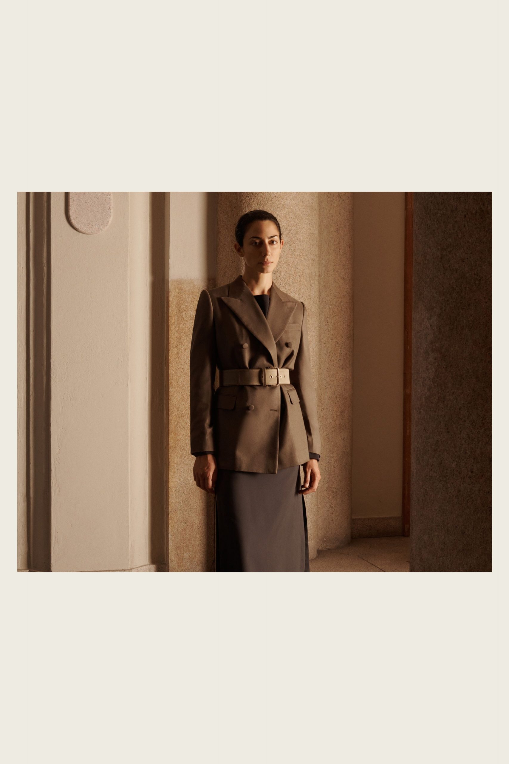 brown wool long-sleeve collared tailored belted blazer
