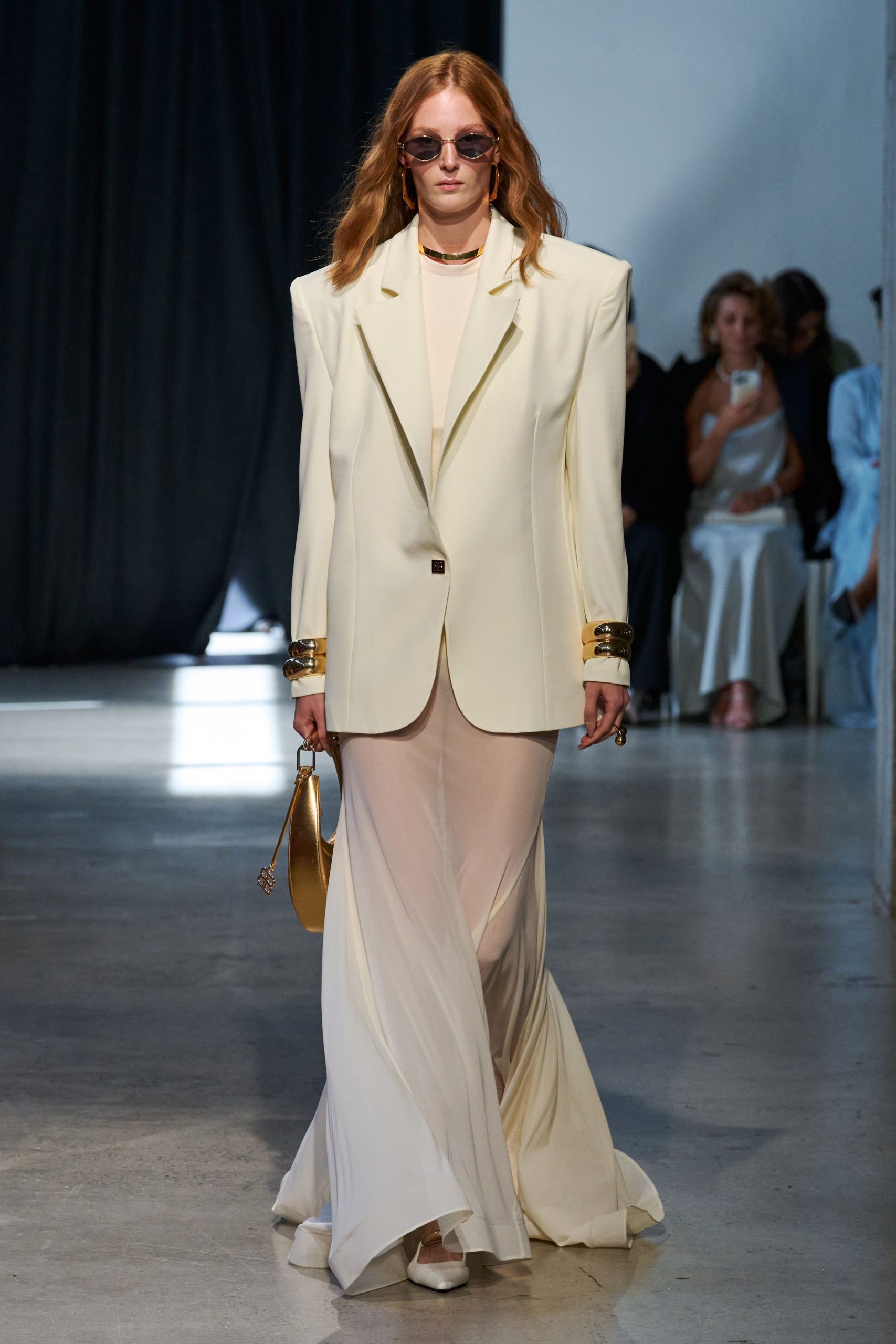 white structured blazer and gown
