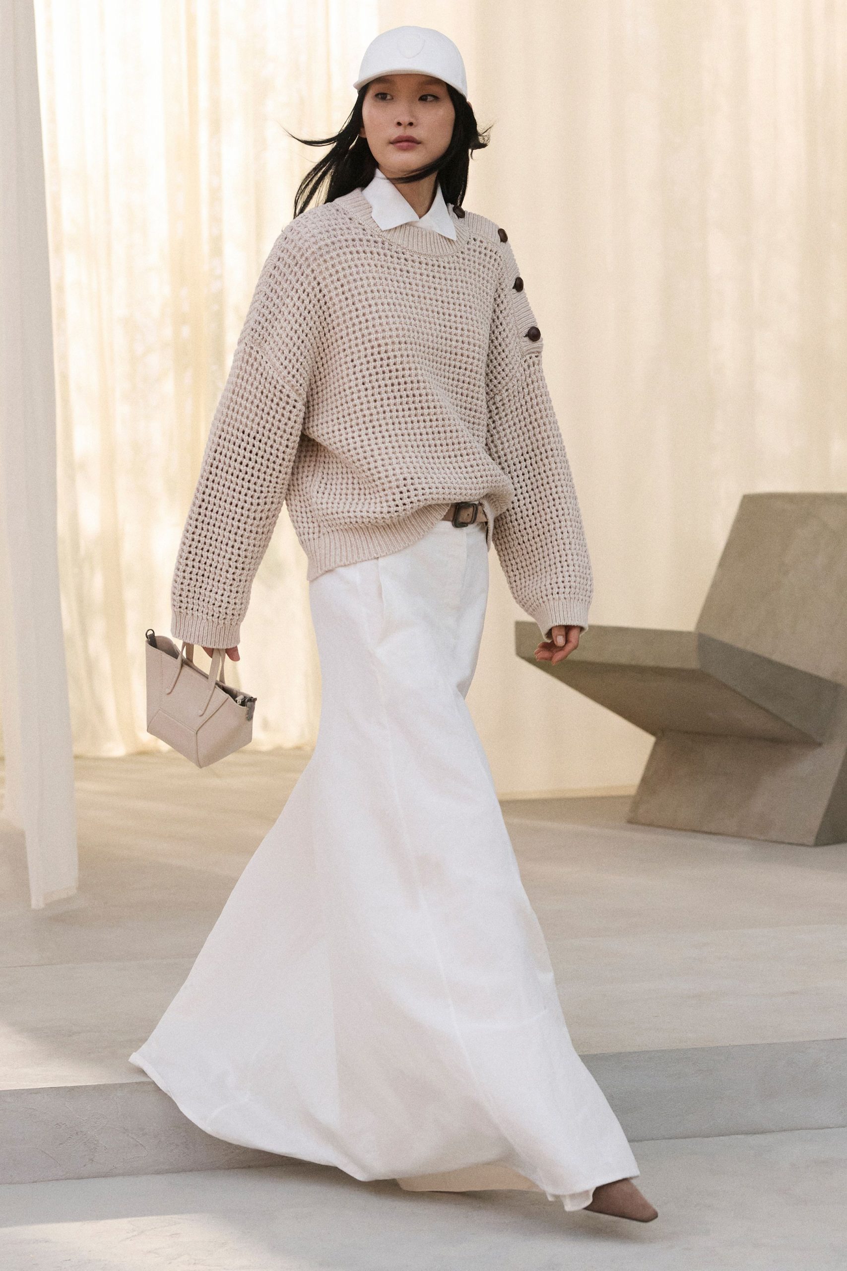beige knit sweater white flared skirt