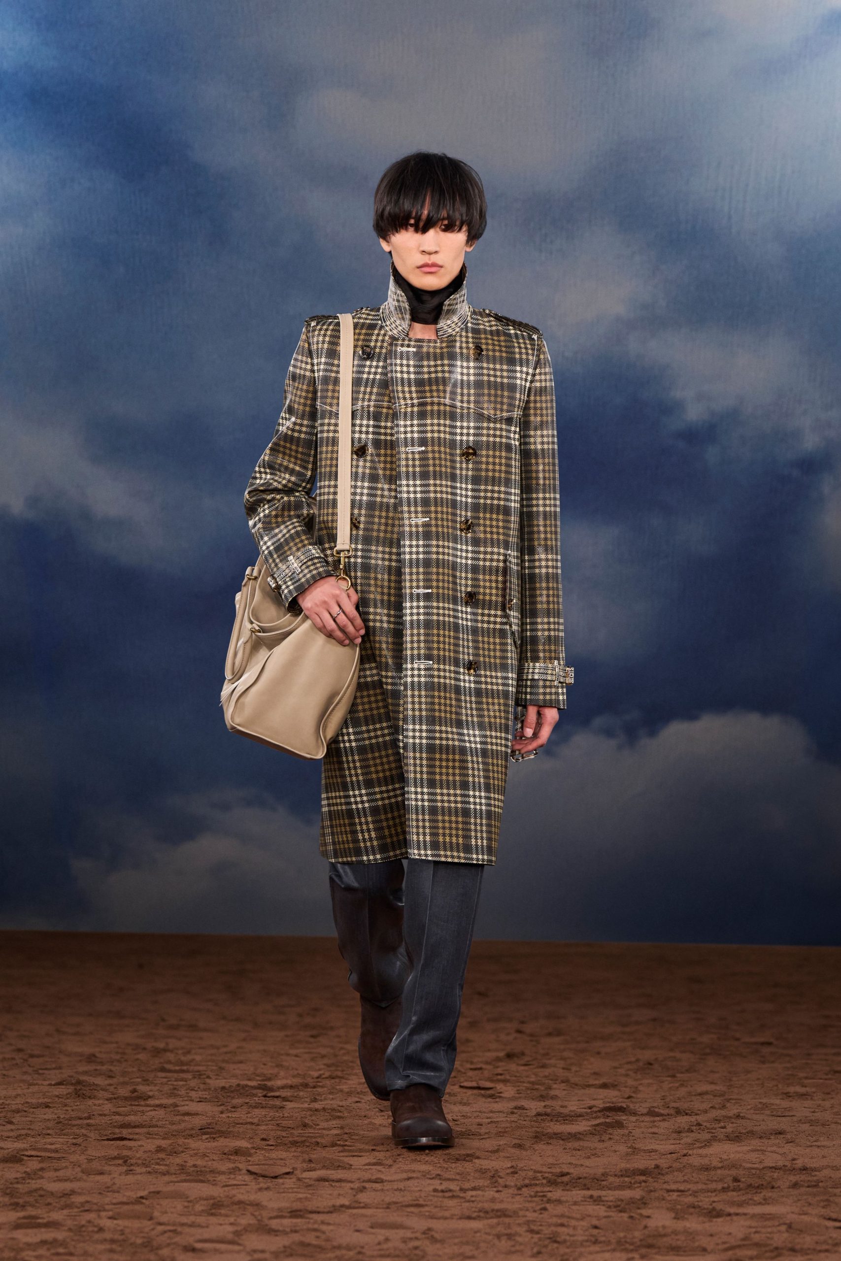 brown wool long-sleeve collared structured checked coat