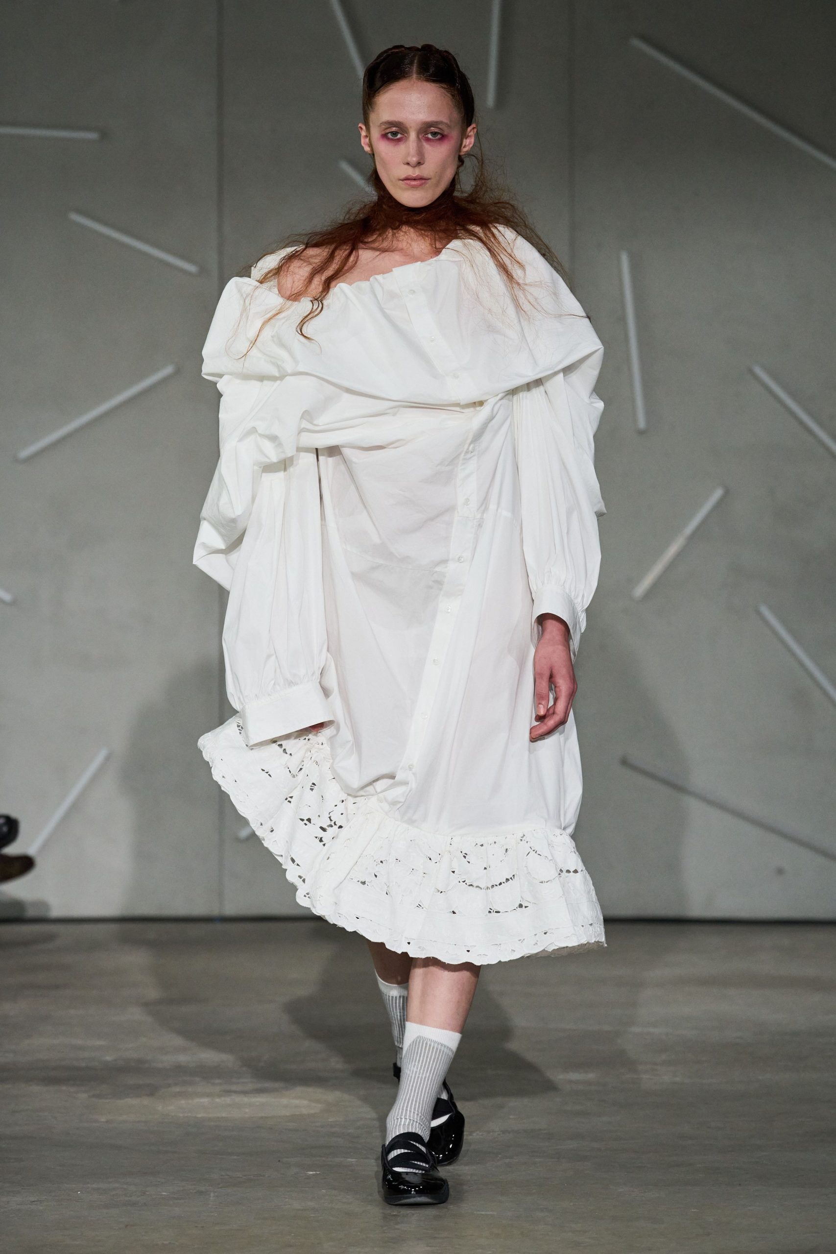white cotton long-sleeve off-shoulder relaxed ruffled midi dress
