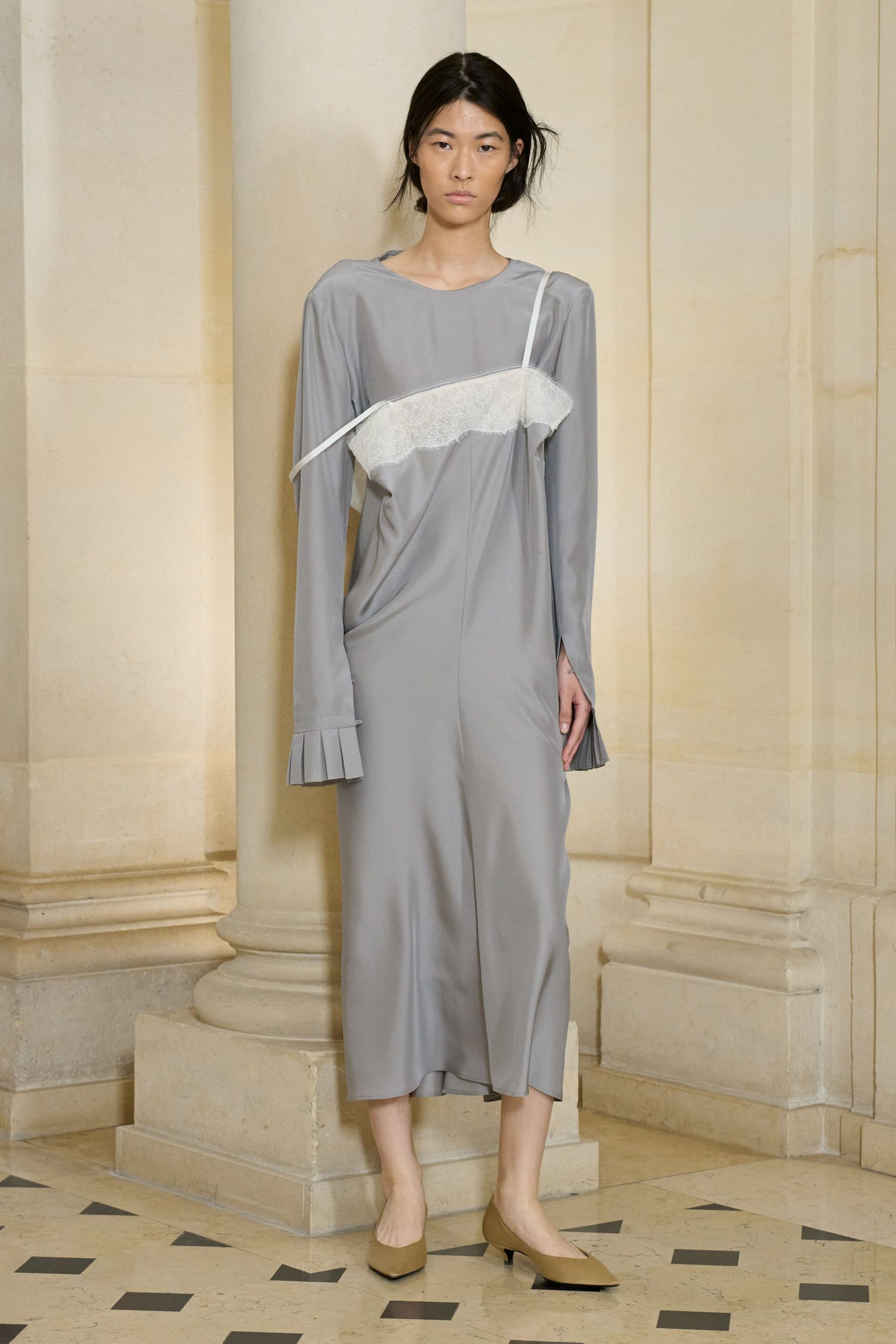 gray silk relaxed midi dress