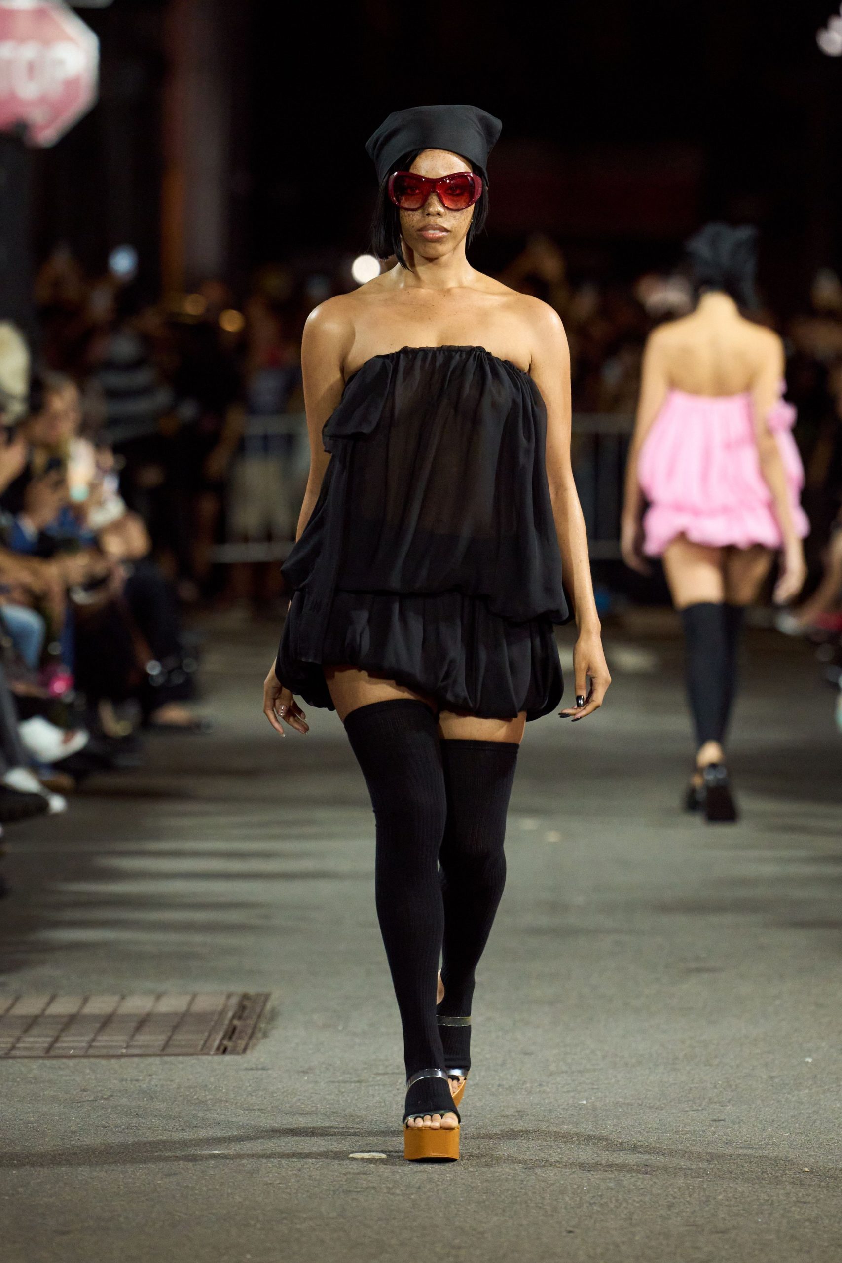 black chiffon strapless relaxed tiered sheer mini dress