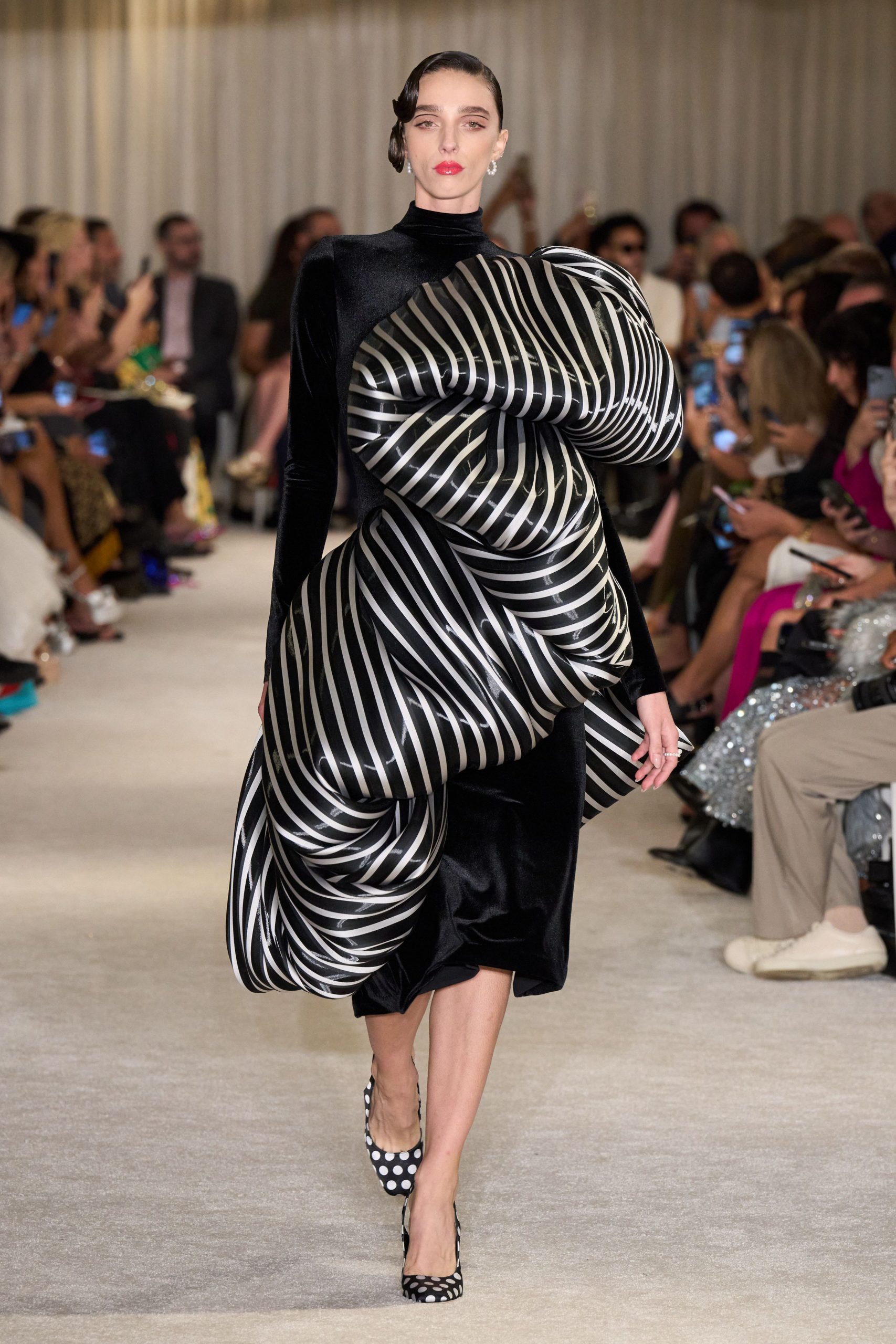 black velvet midi dress with stripes