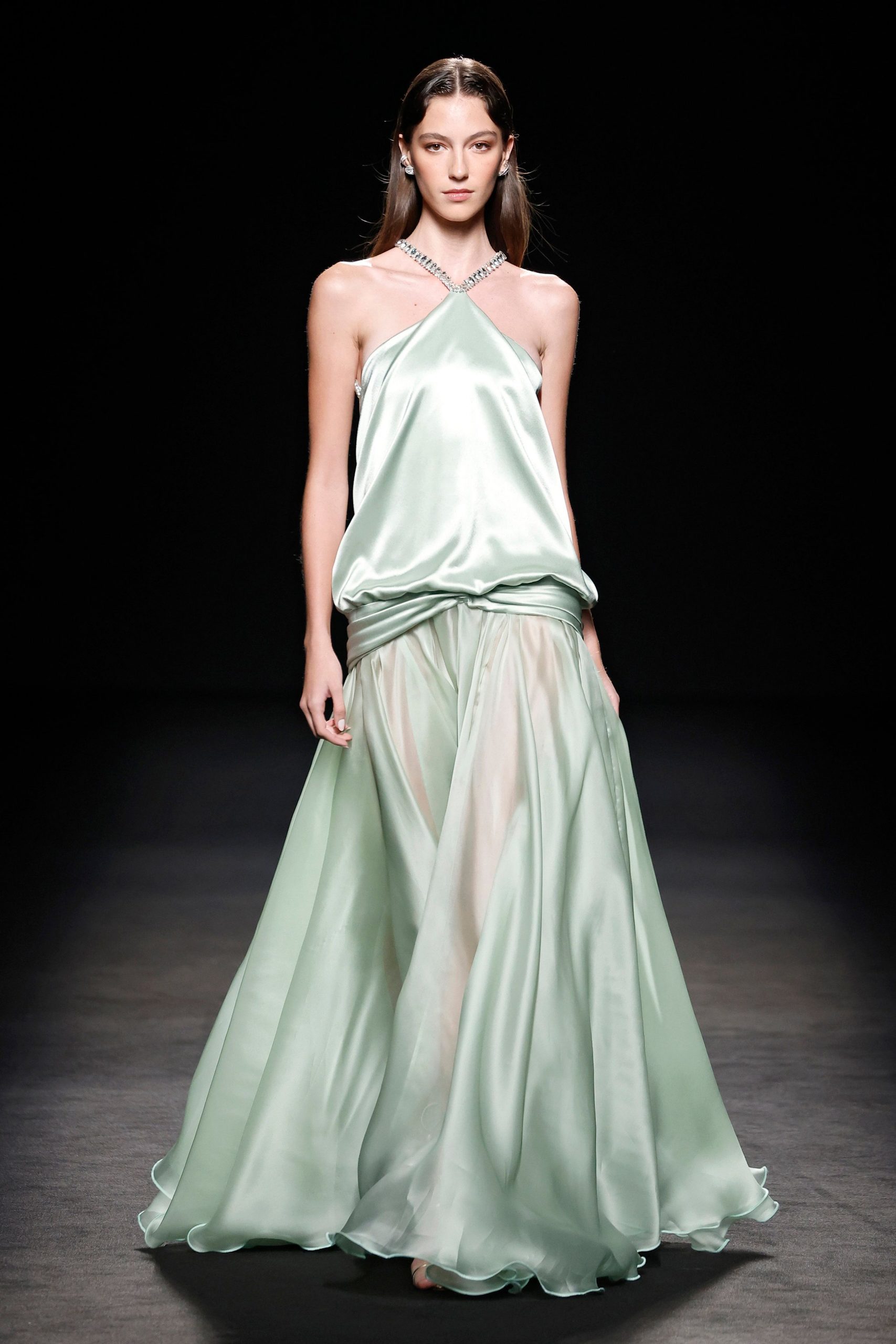 green silk flowing gown