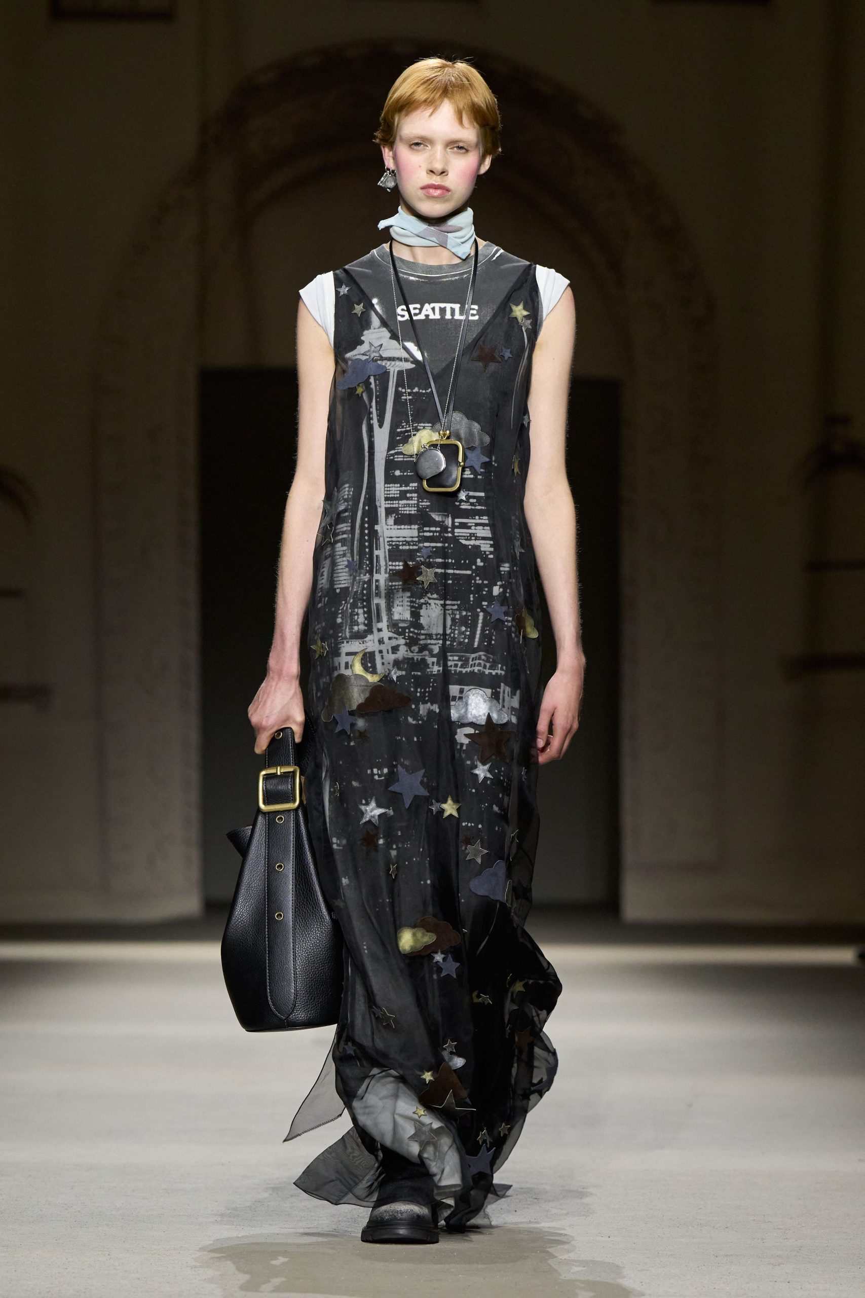 black silk sleeveless high-neck fitted printed flowing dress