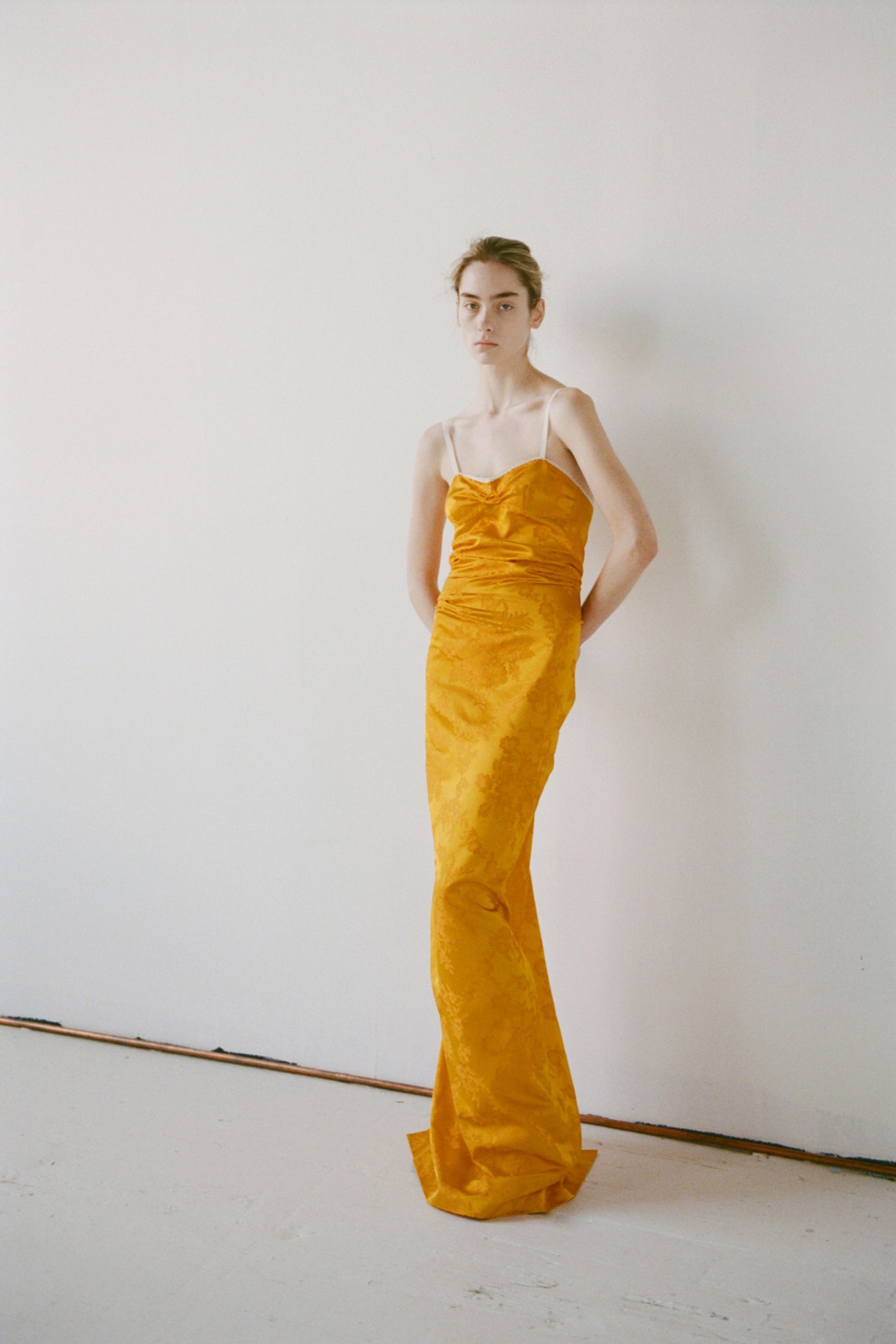 fitted yellow silk gown