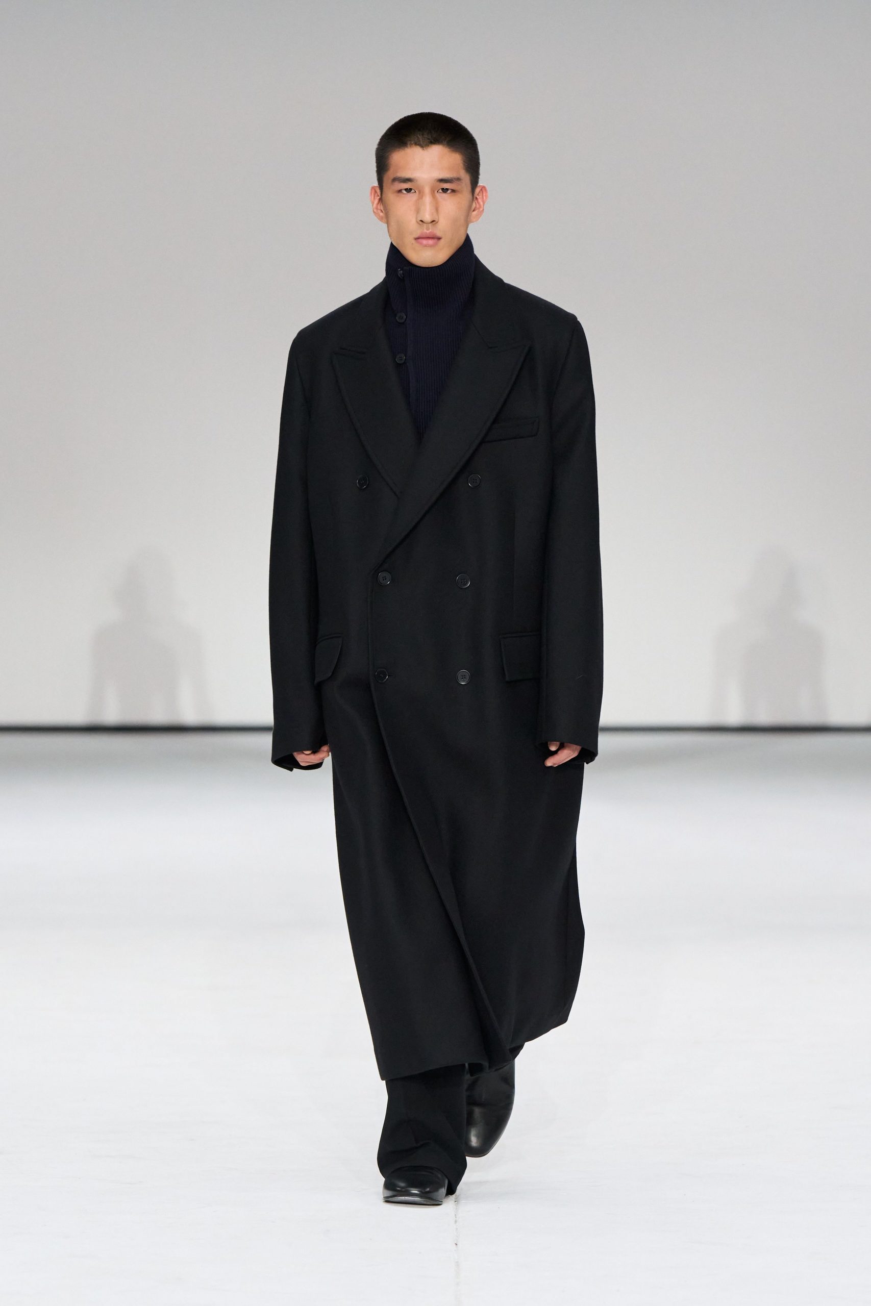 black wool long-sleeve double-breasted relaxed maxi coat