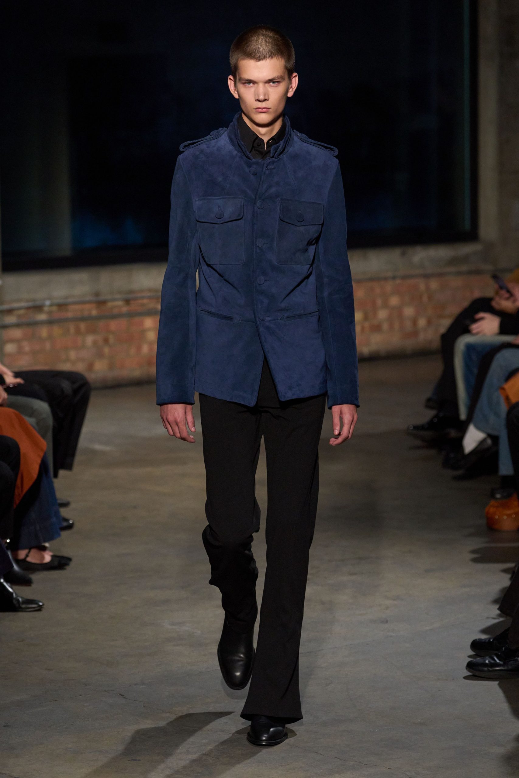 blue suede long-sleeve collared tailored buttoned jacket