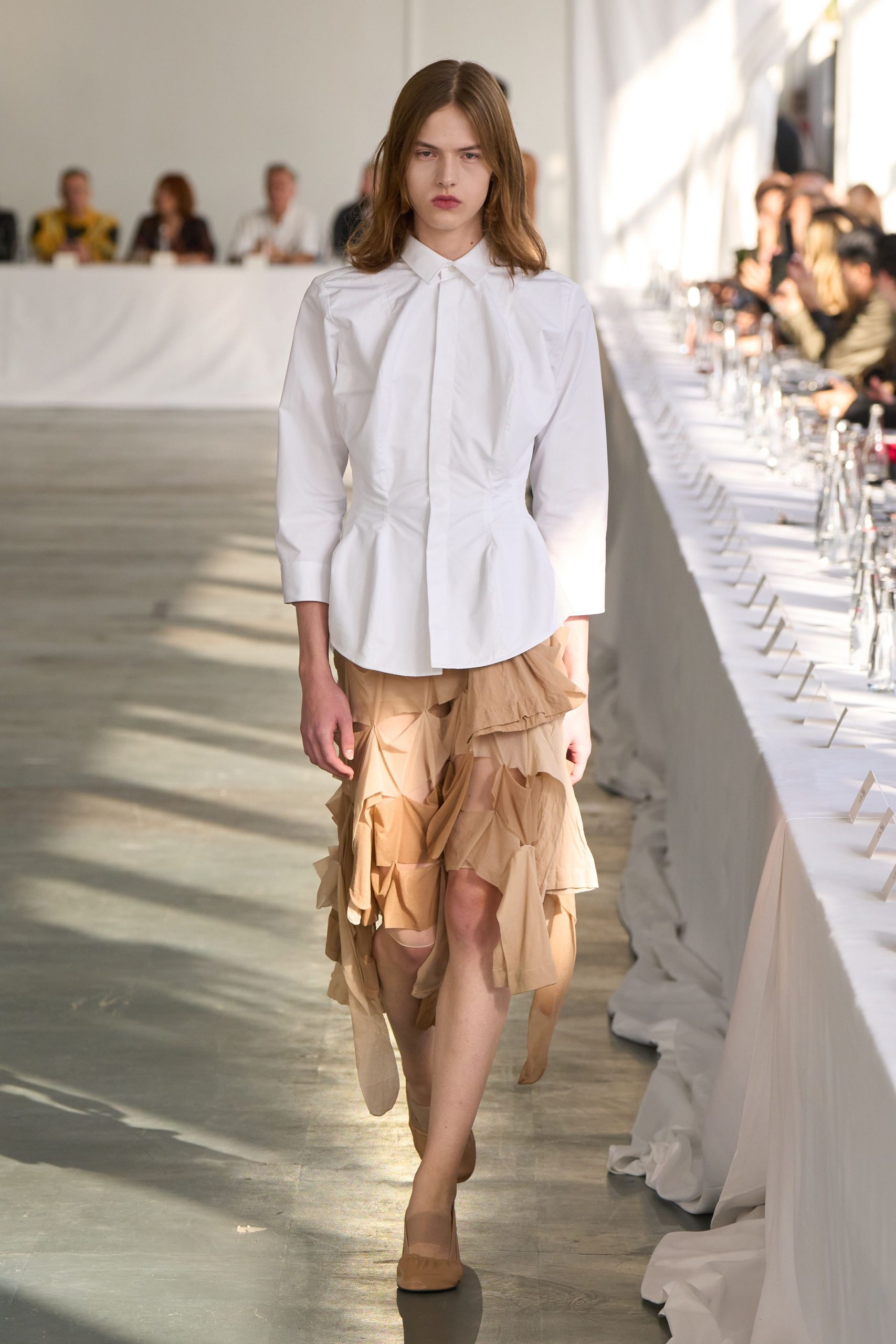 beige chiffon asymmetric relaxed ruffled layered flowing skirt
