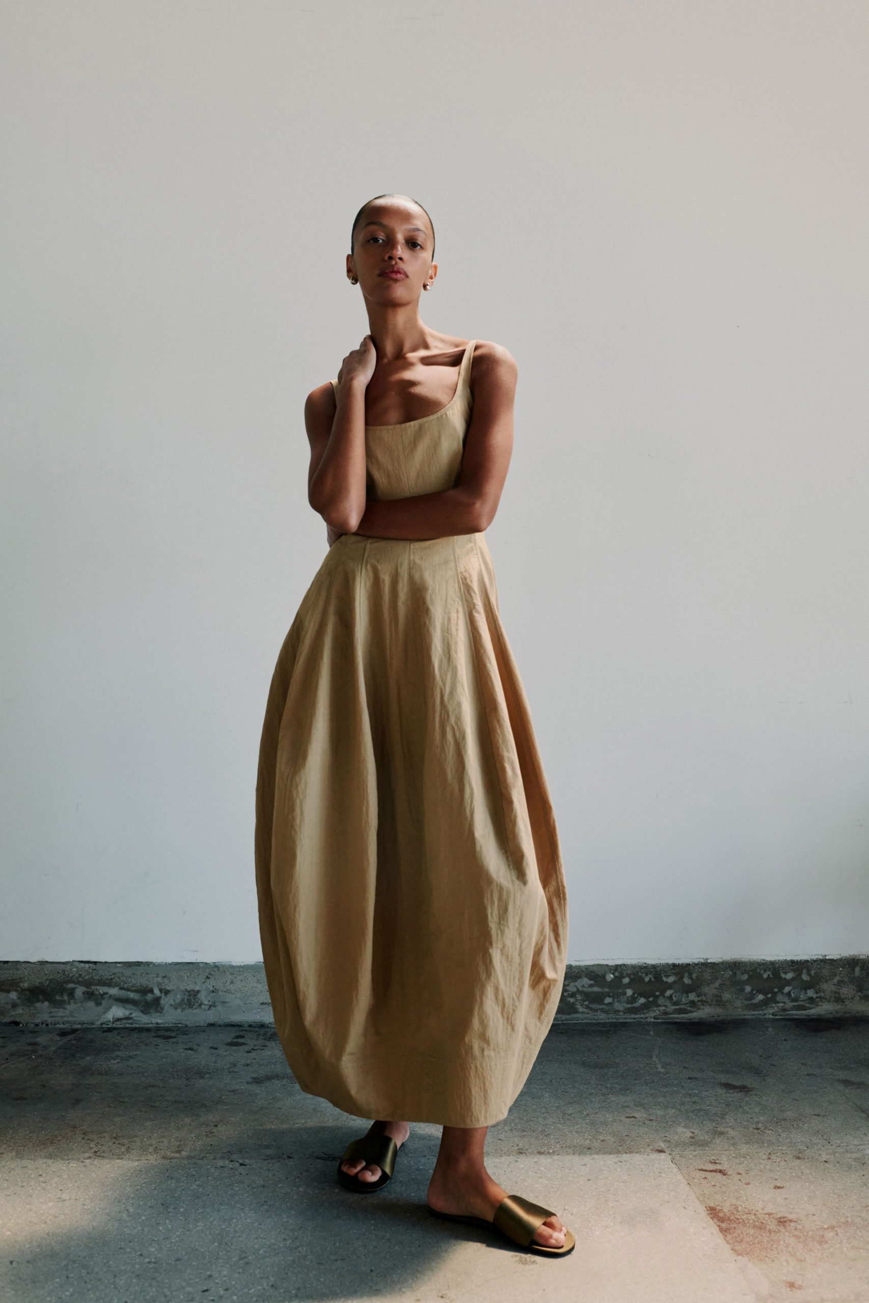 beige cotton sleeveless maxi dress