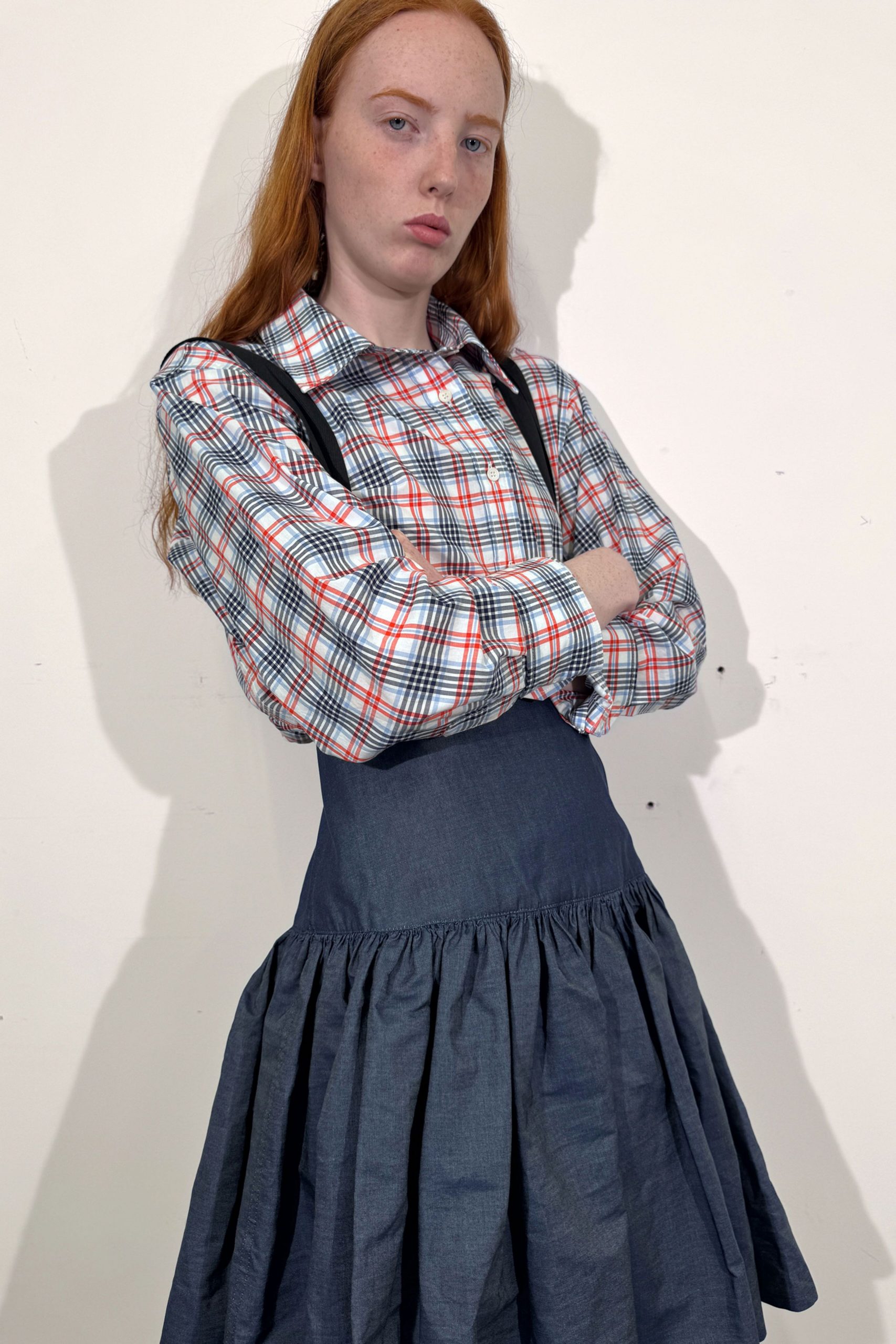 blue denim fitted tiered dress