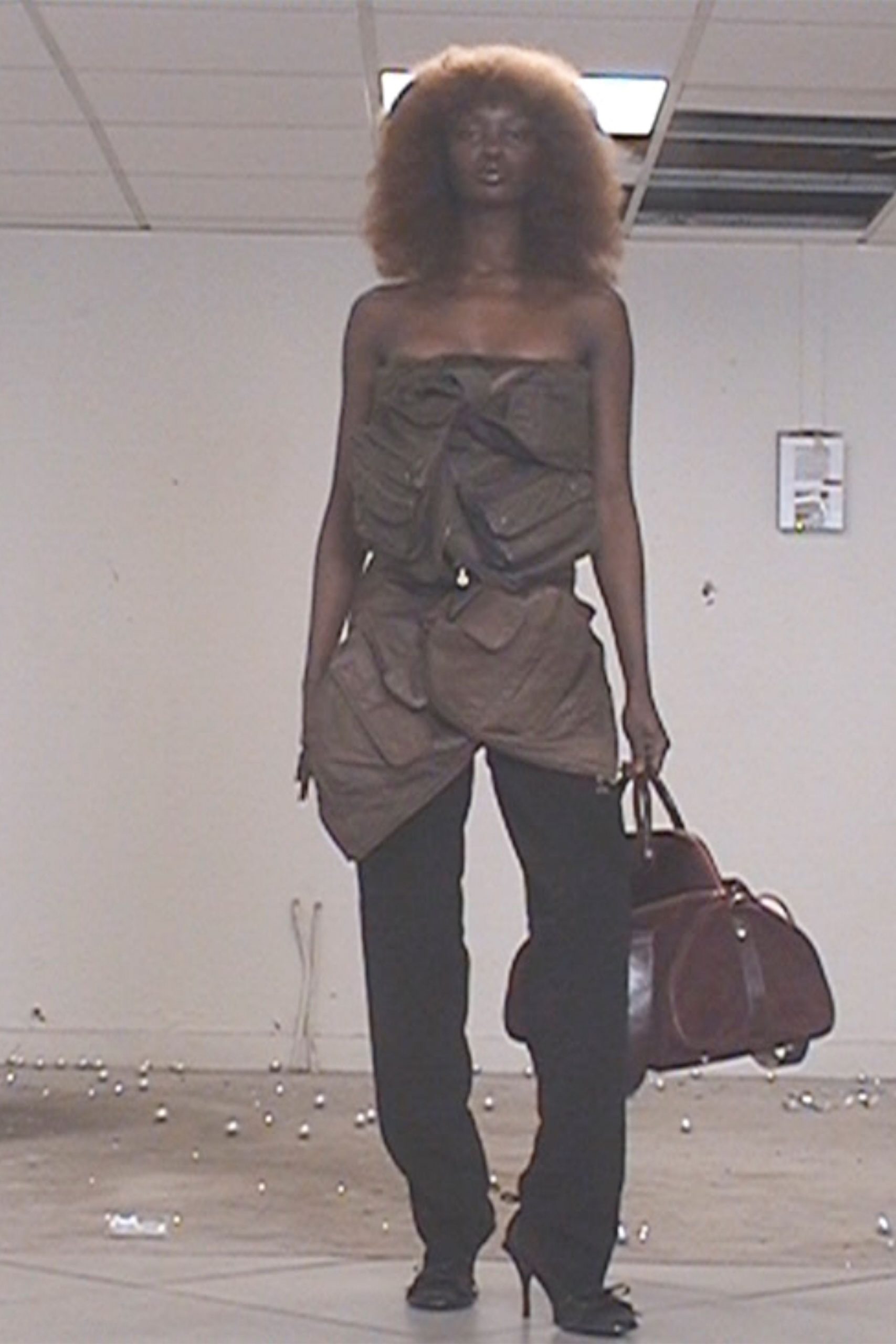 brown cotton strapless fitted pleated top
