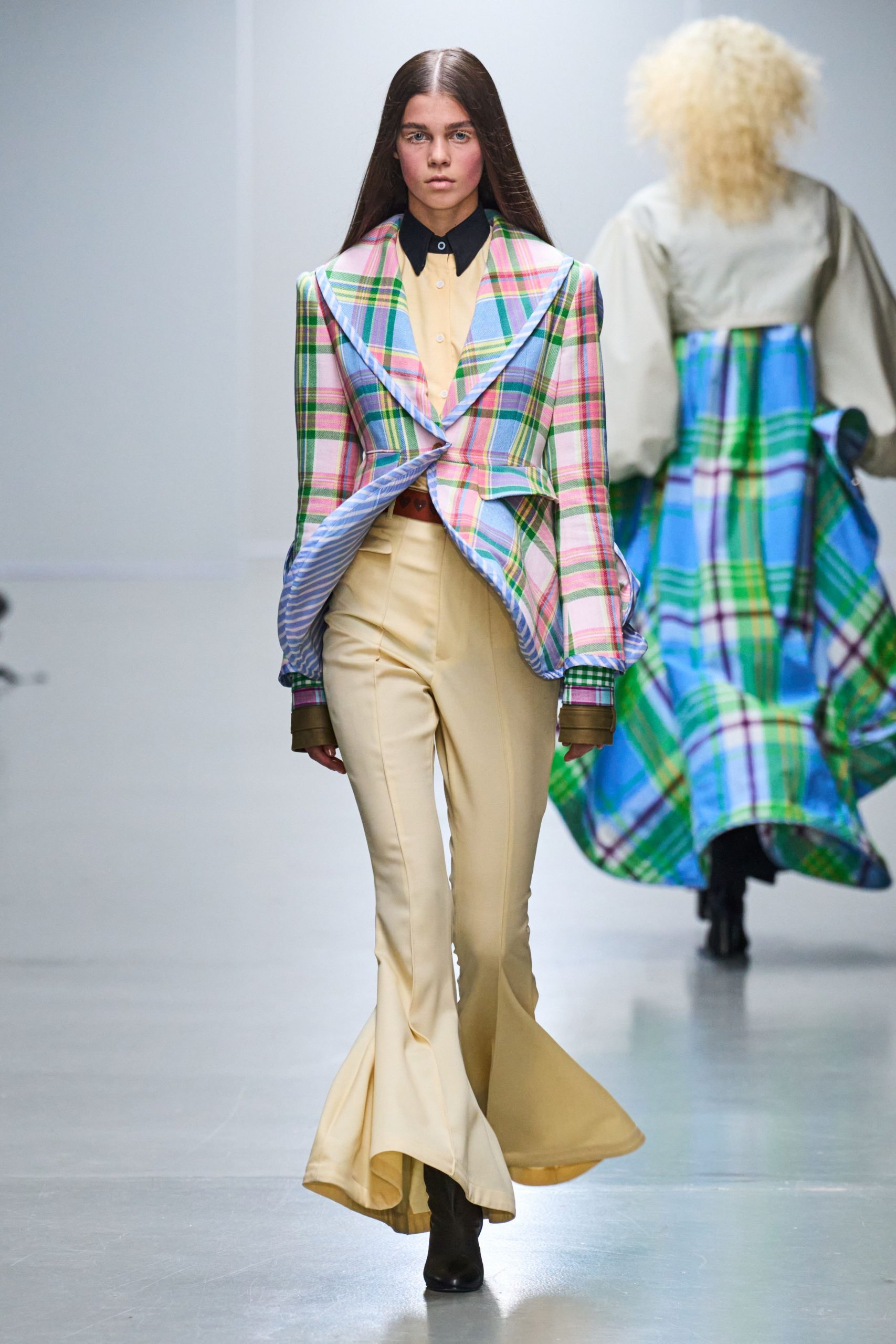 multi-colored blazer with flared pants