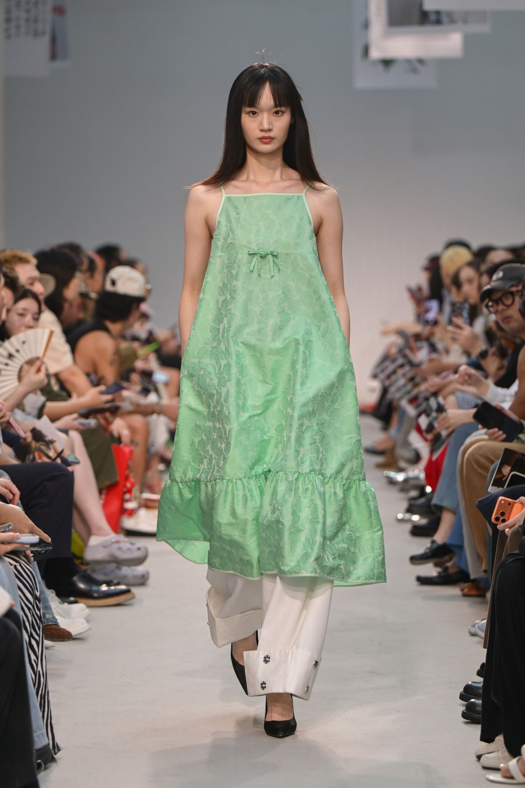 green silk sleeveless square-neck relaxed tiered flowing dress