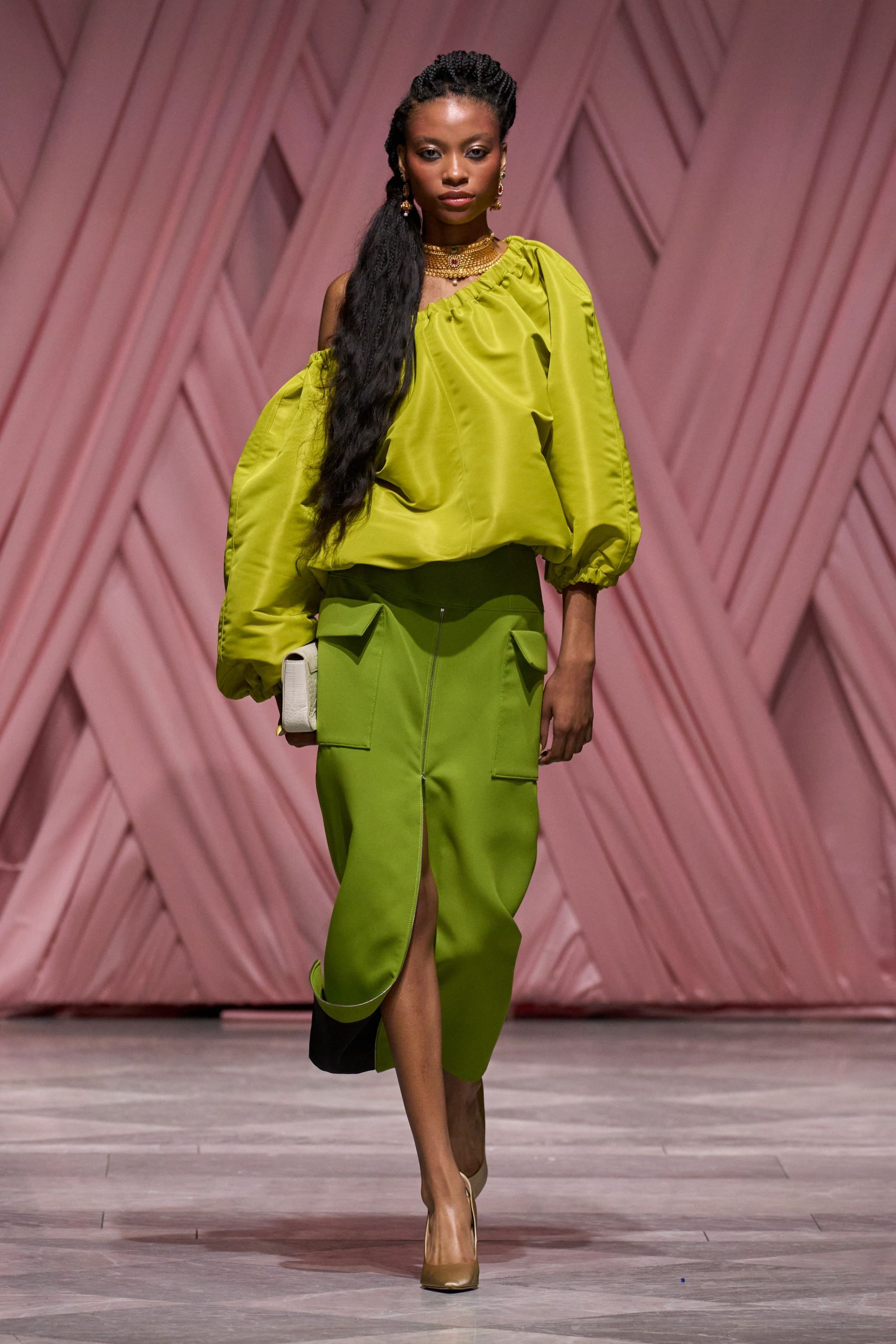 green silk long-sleeve off-shoulder relaxed ruffled top