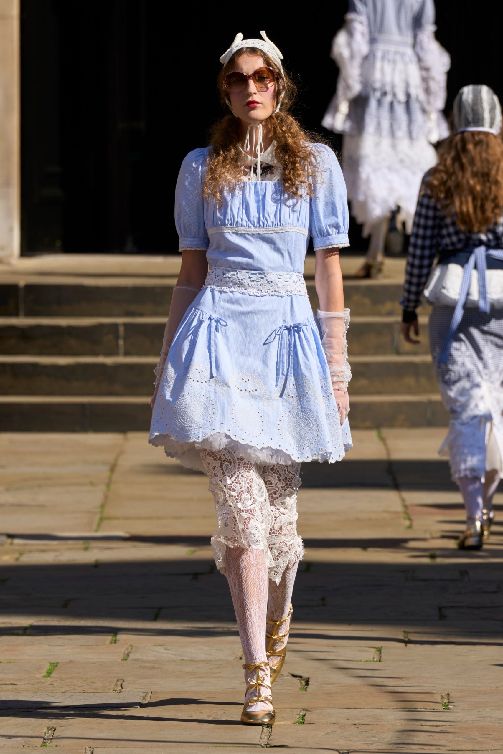 blue cotton short-sleeve collared fitted embroidered tiered dress