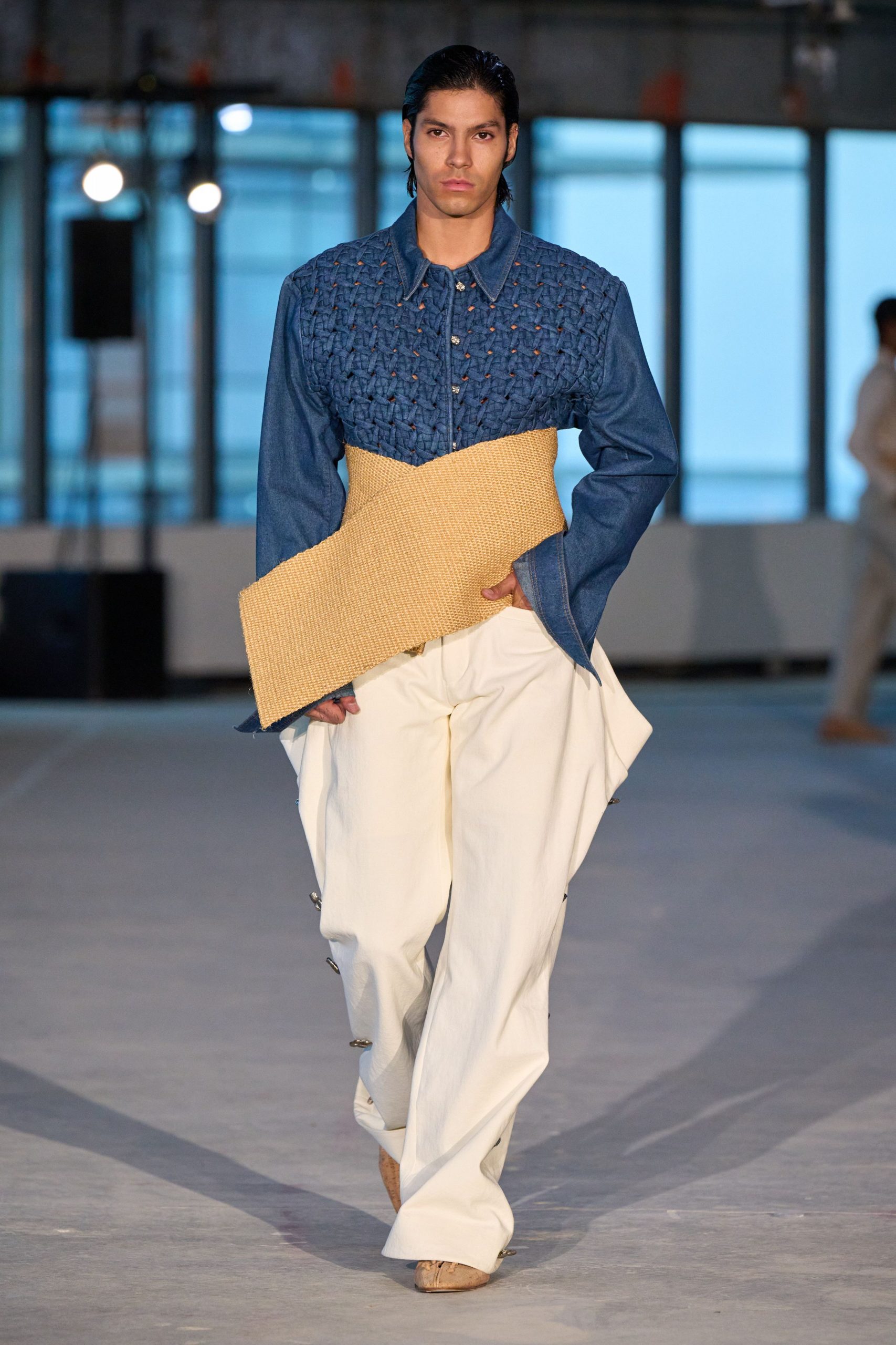 blue denim shirt with beige belt