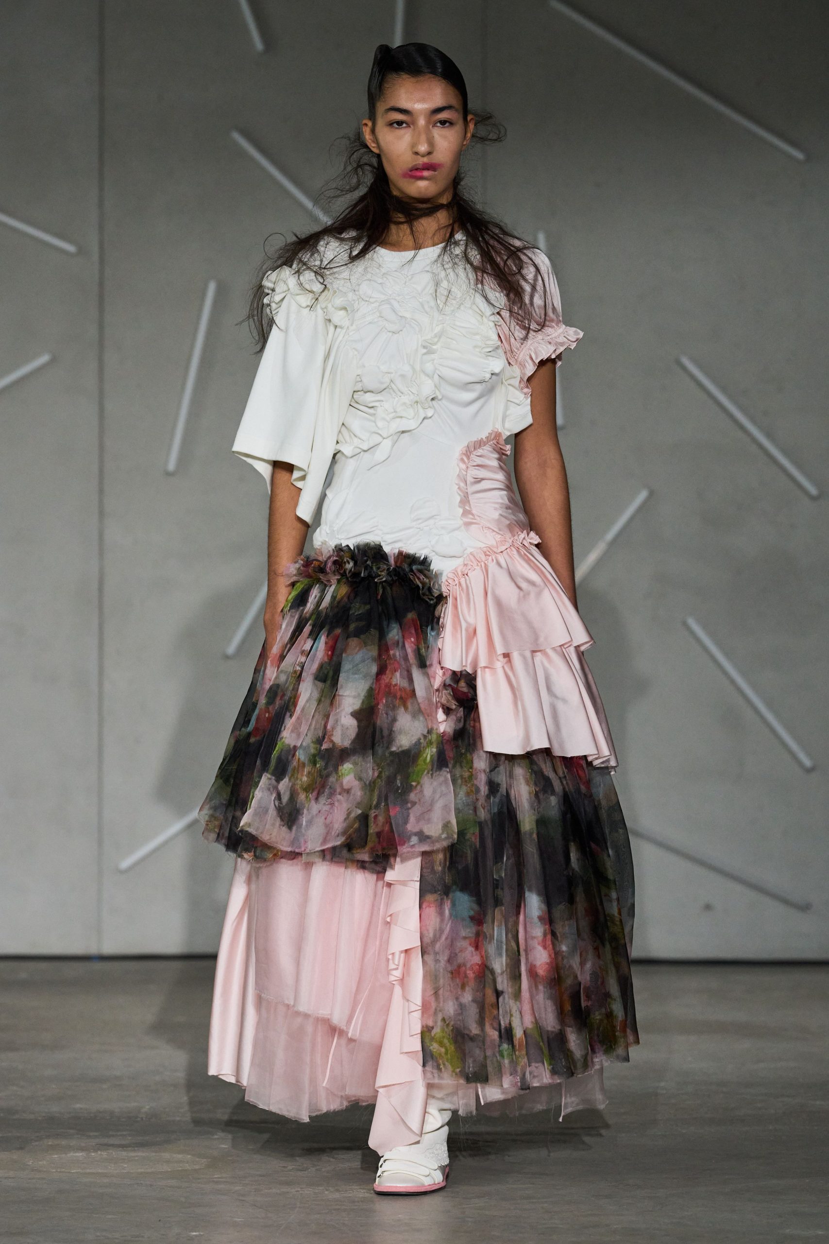 white cotton short-sleeve v-neck fitted ruffled layered dress