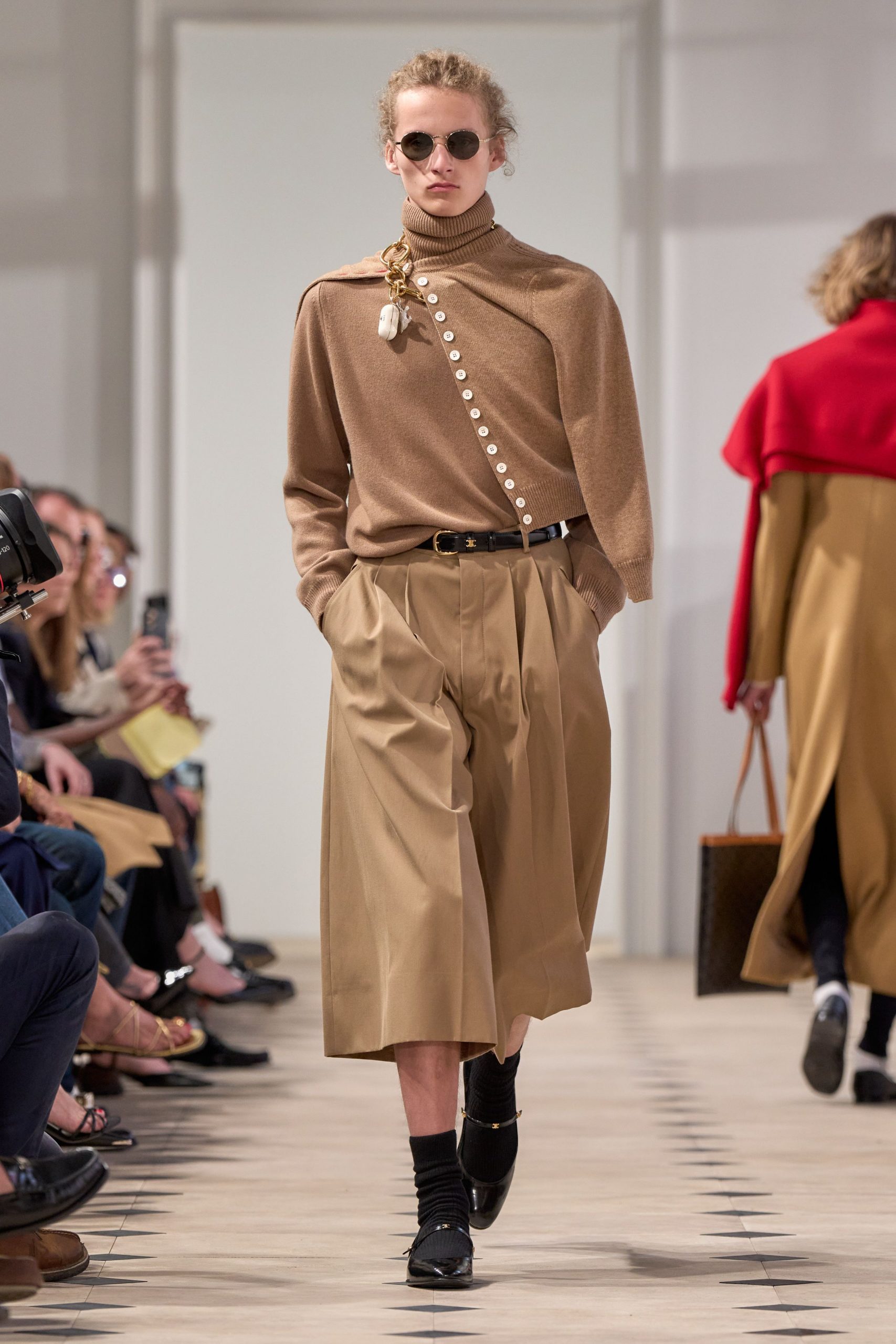 brown wool long-sleeve high-neck relaxed buttoned top