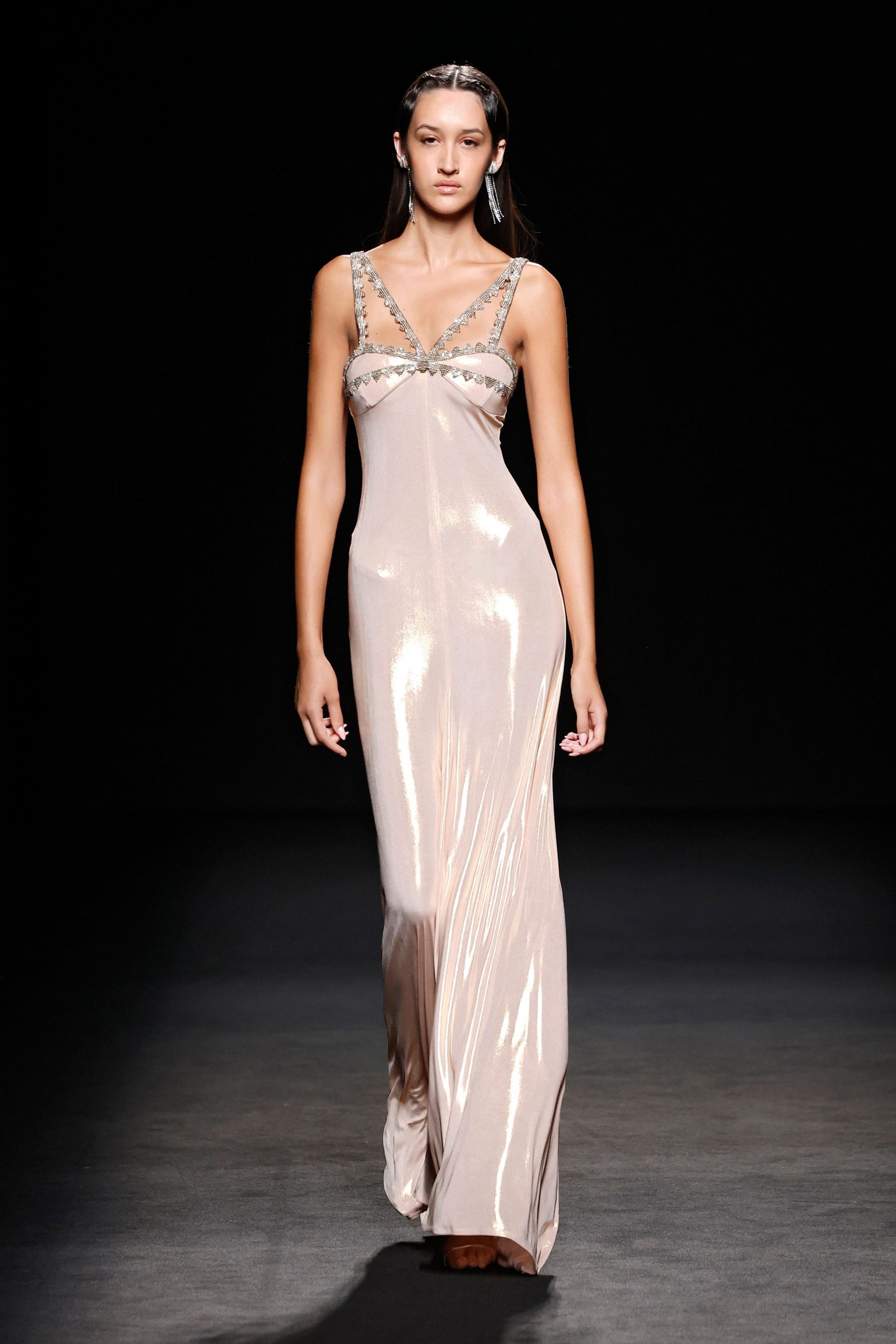 beige silk sleeveless gown