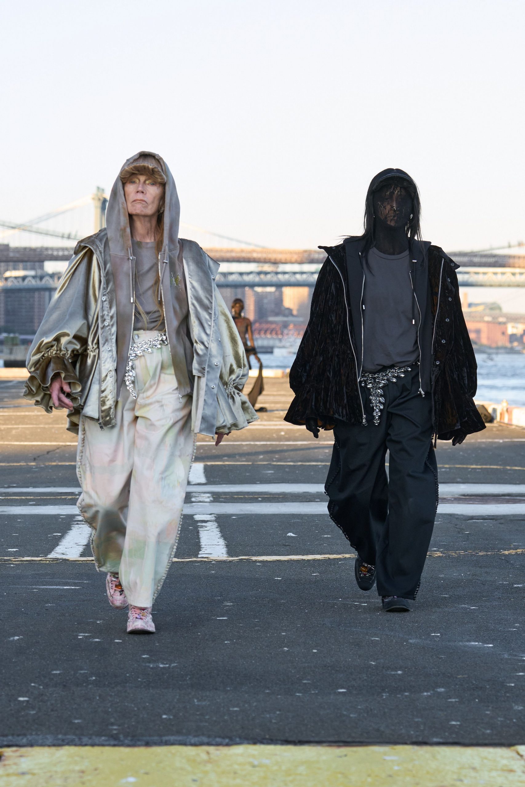 gray silk long-sleeve hooded relaxed layered shiny jacket