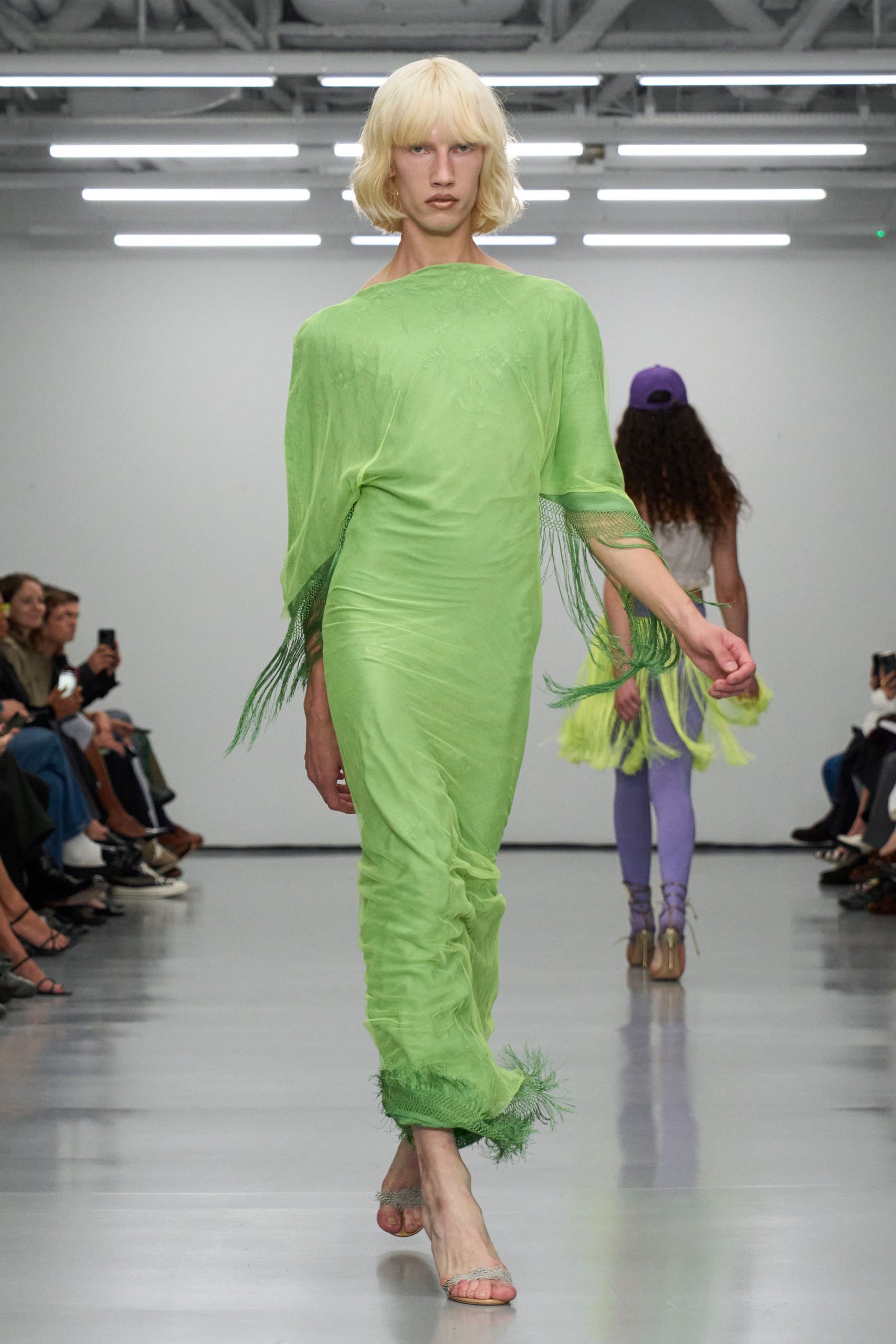 green silk fringed midi dress