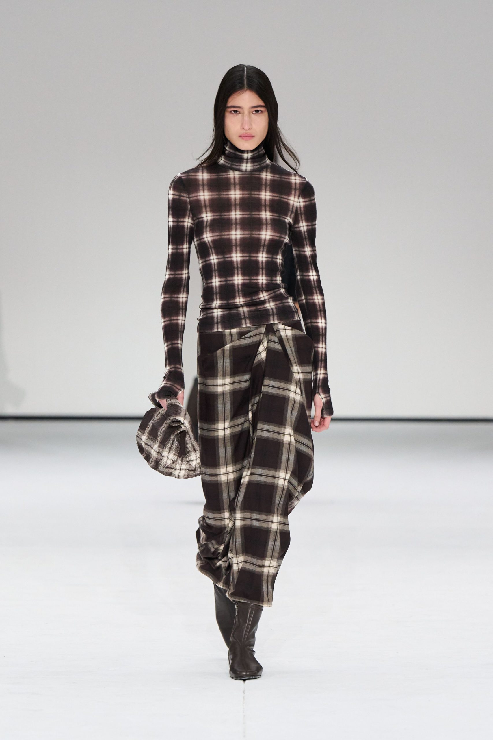brown cotton asymmetric relaxed checked skirt