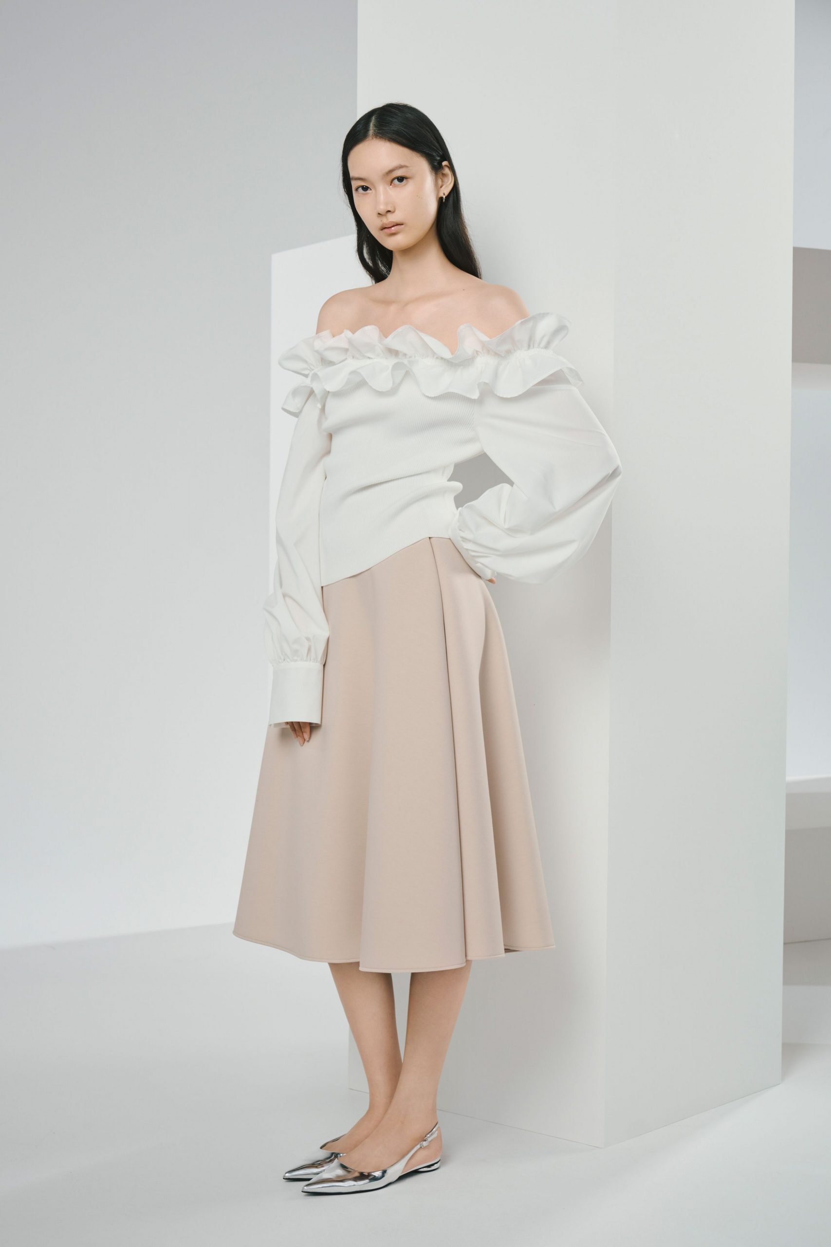 beige cotton fitted flared midi skirt