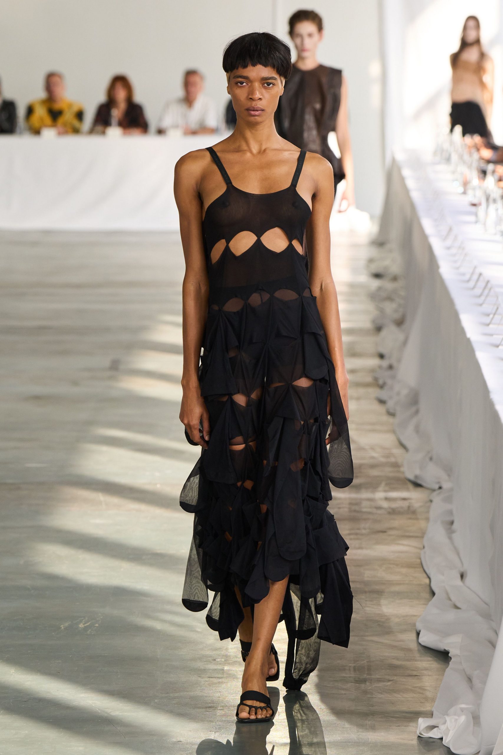 black silk sleeveless v-neck fitted tiered sheer dress