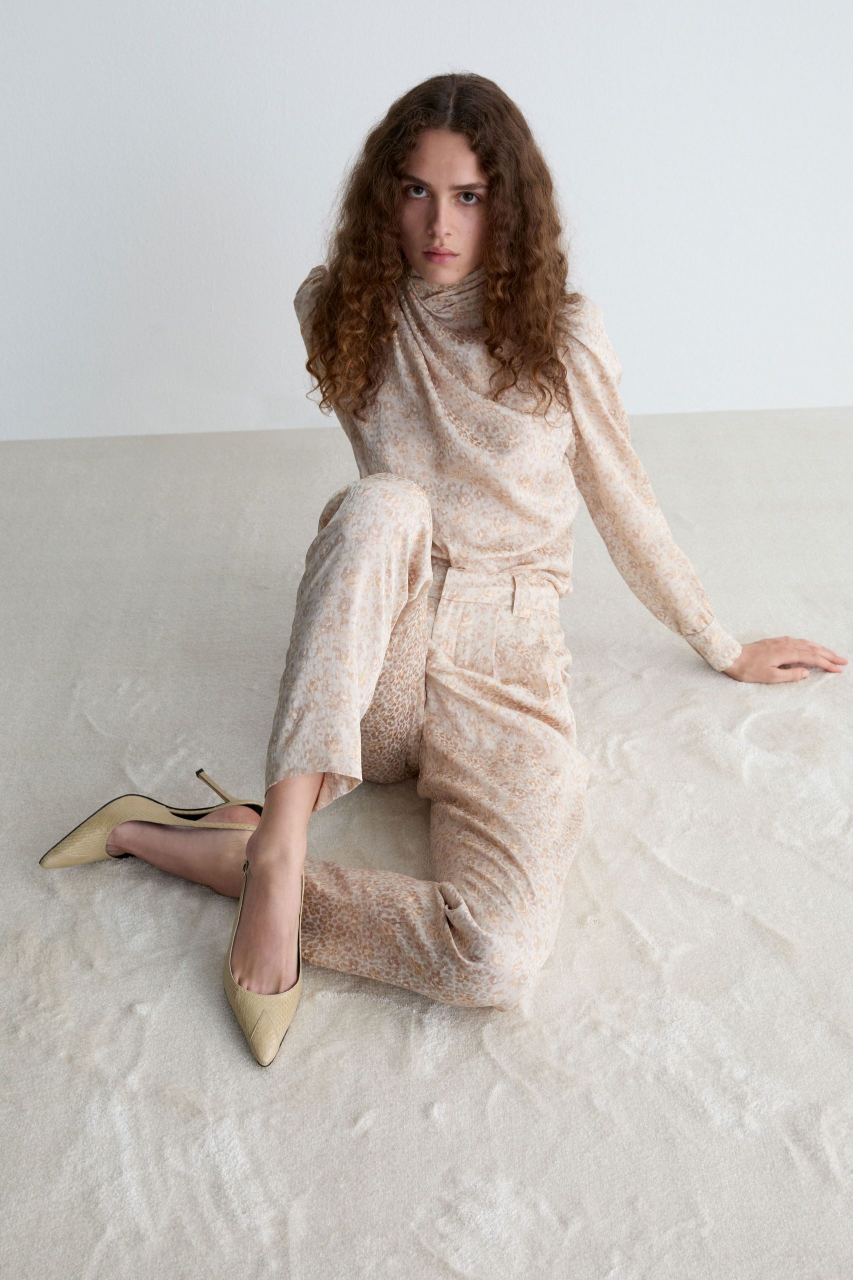 beige silk fitted top and pants