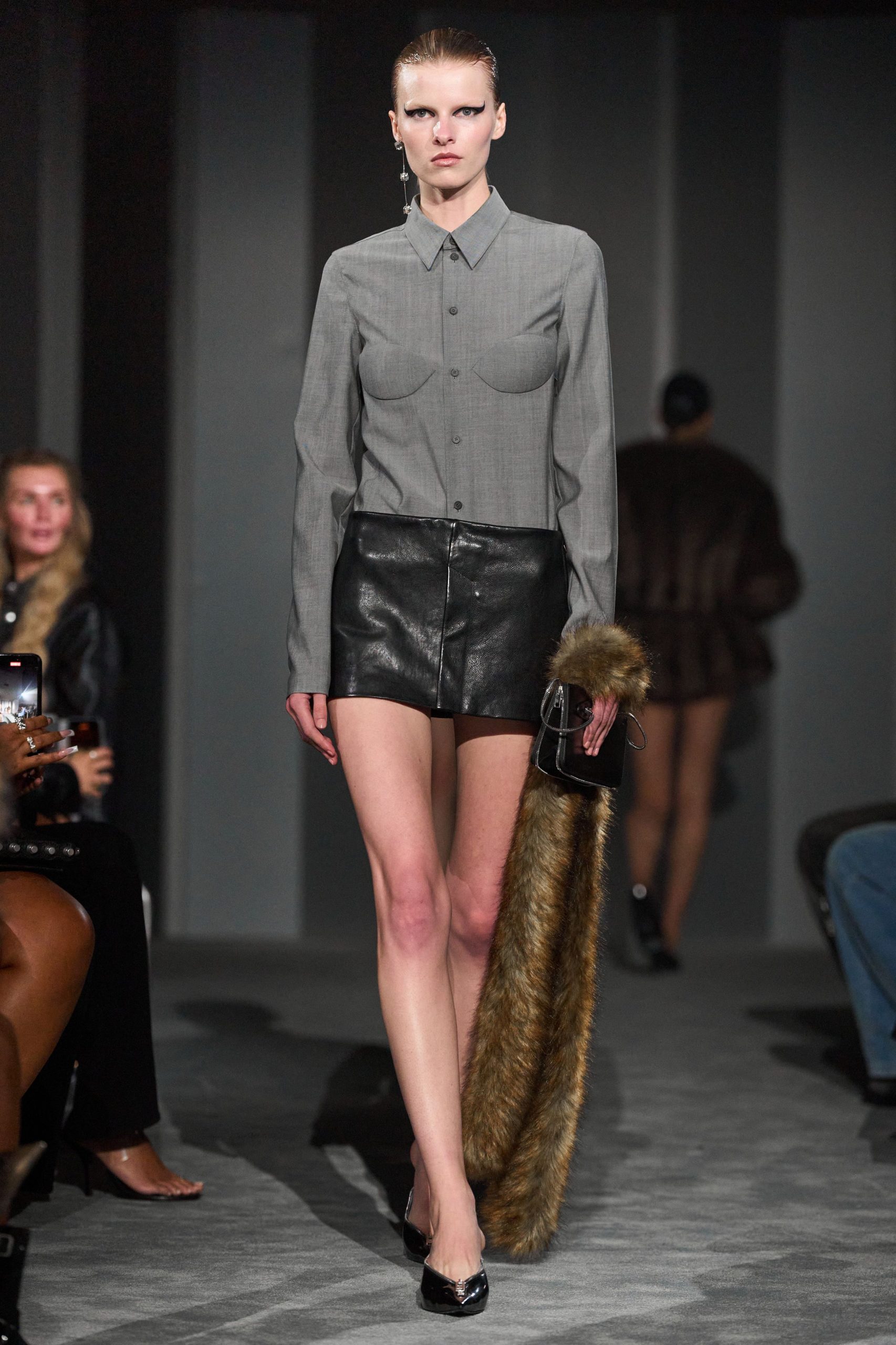 gray fitted shirt black mini skirt