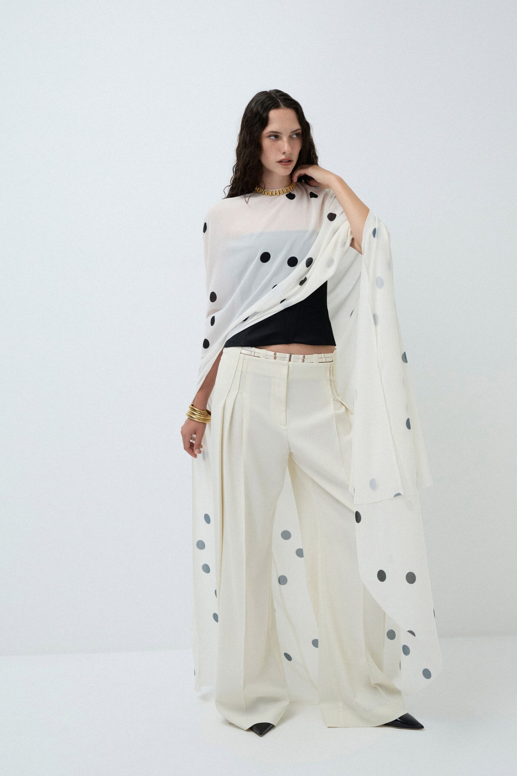 white chiffon oversized polka-dot flowing cape