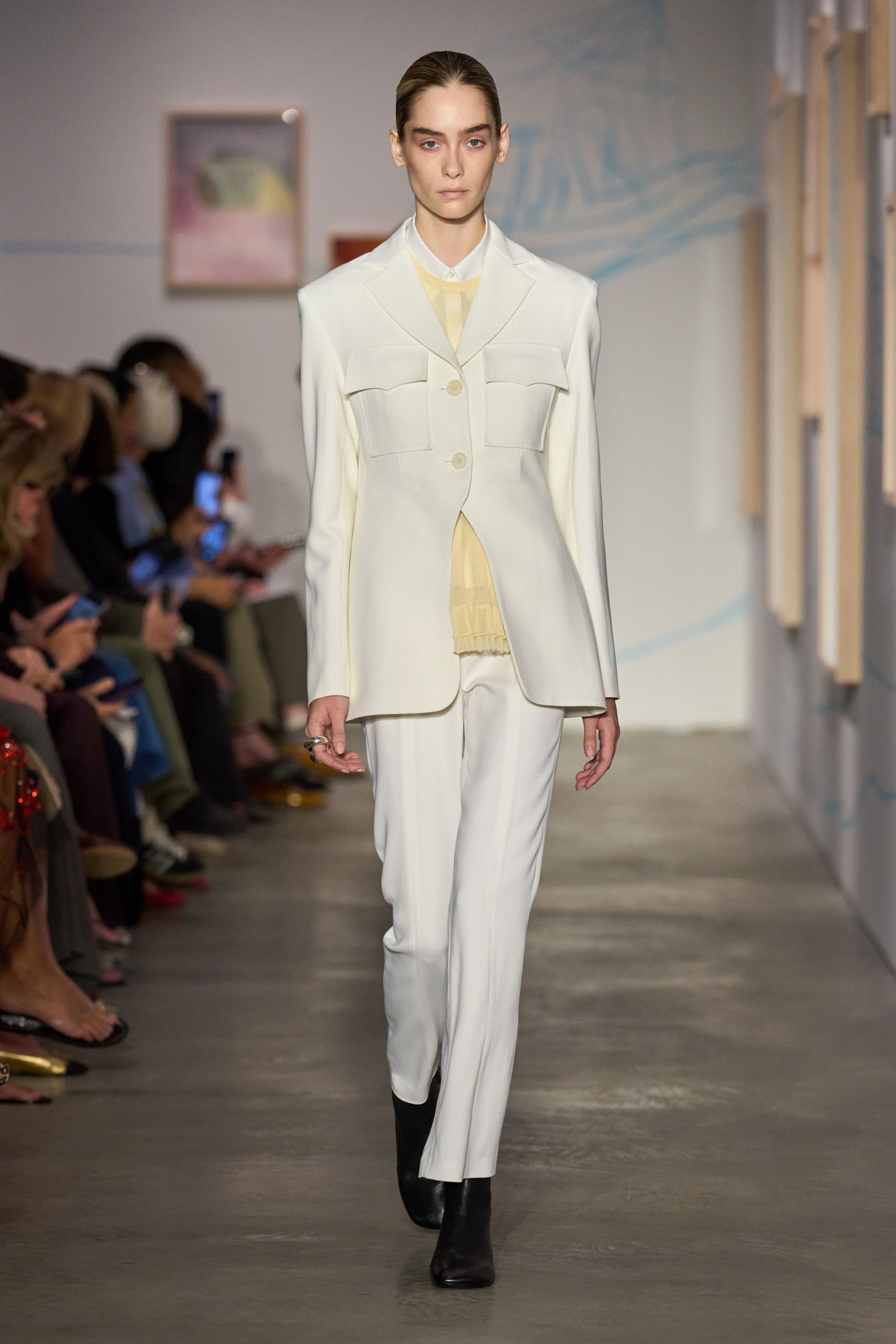 white tailored suit with beige top