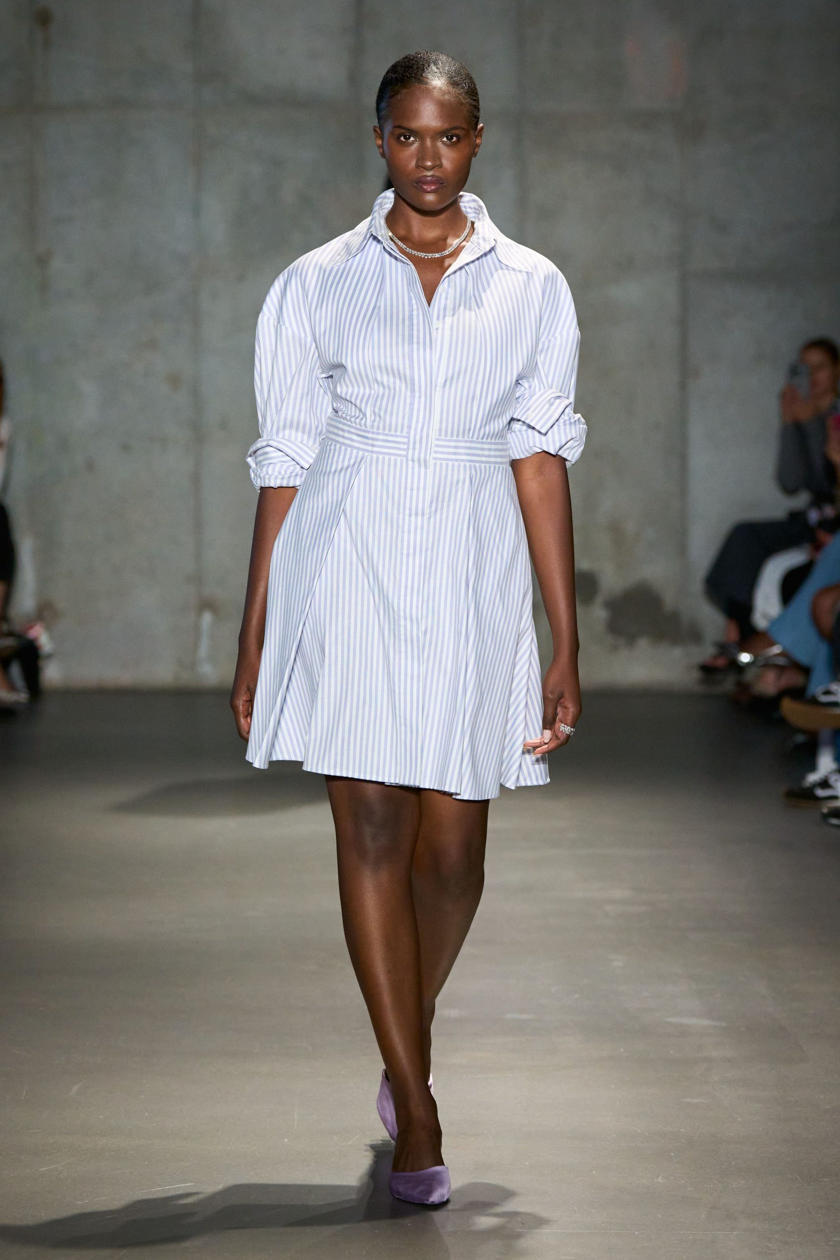 white cotton long-sleeve collared fitted striped belted shirt-dress