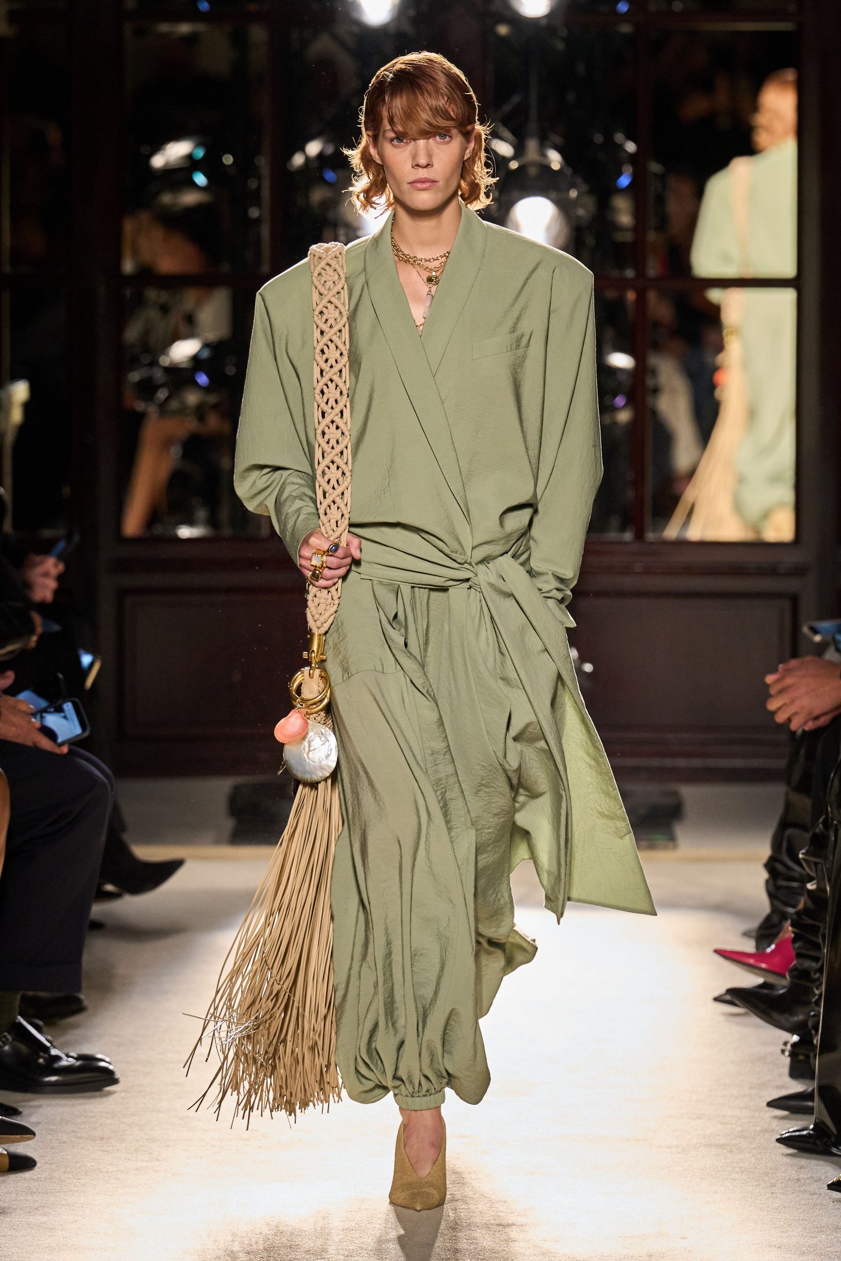 green cotton long-sleeve collared relaxed pleated midi dress