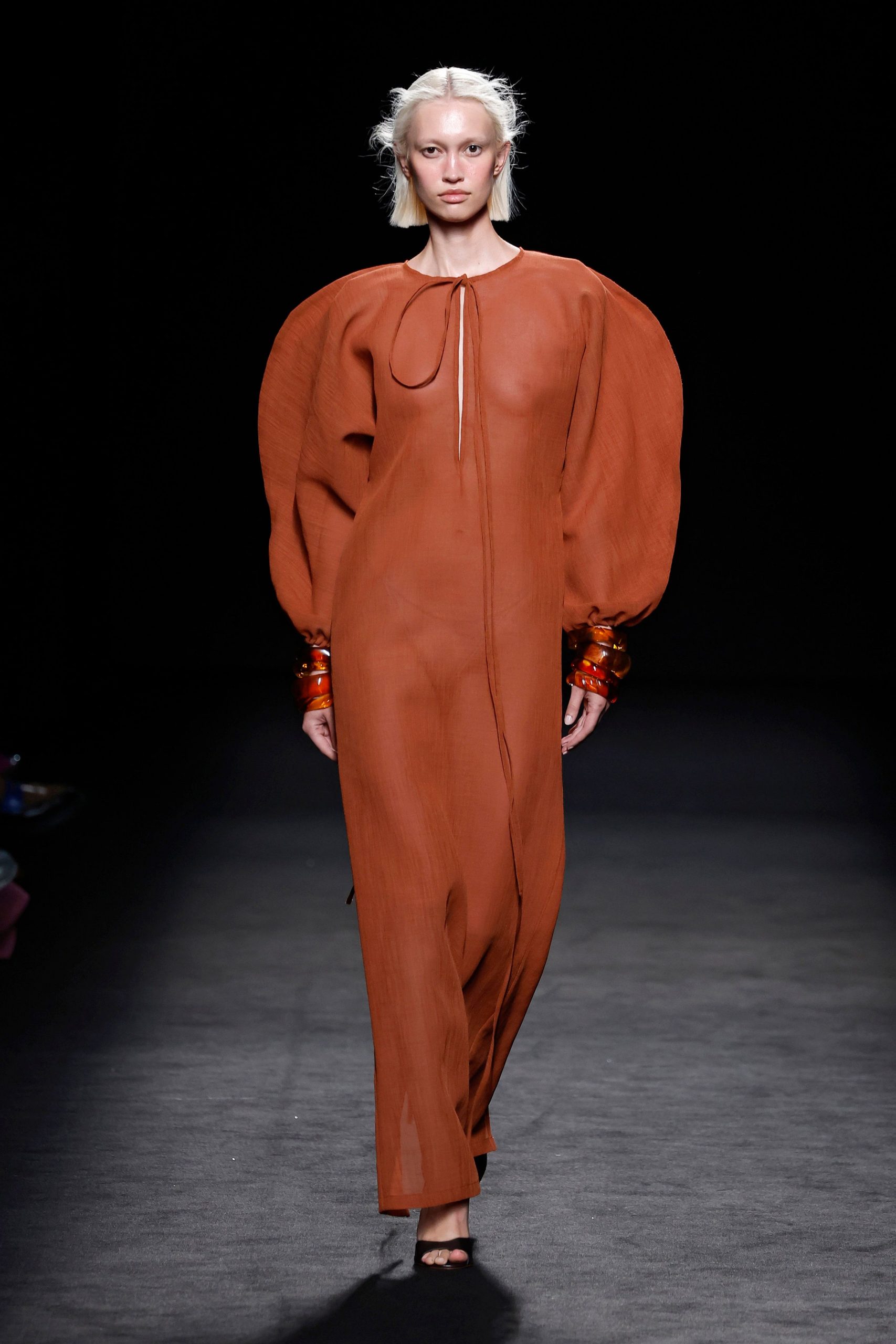 orange chiffon long-sleeve v-neck relaxed pleated flowing dress