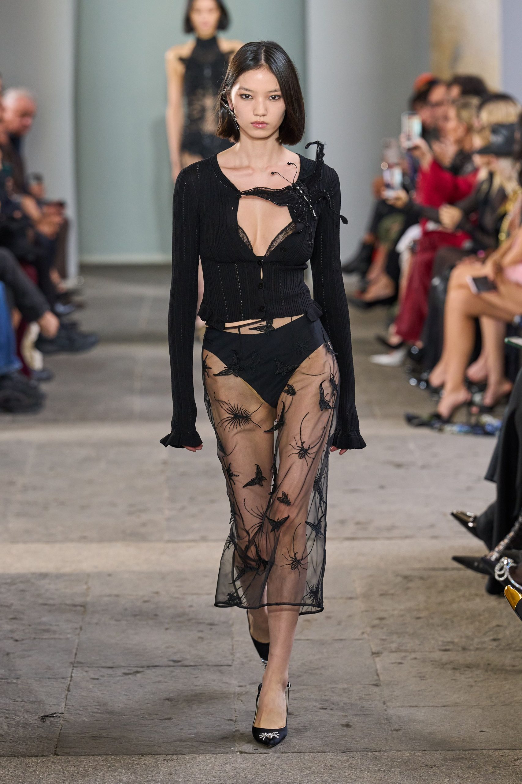 black mesh long-sleeve fitted embroidered sheer midi skirt