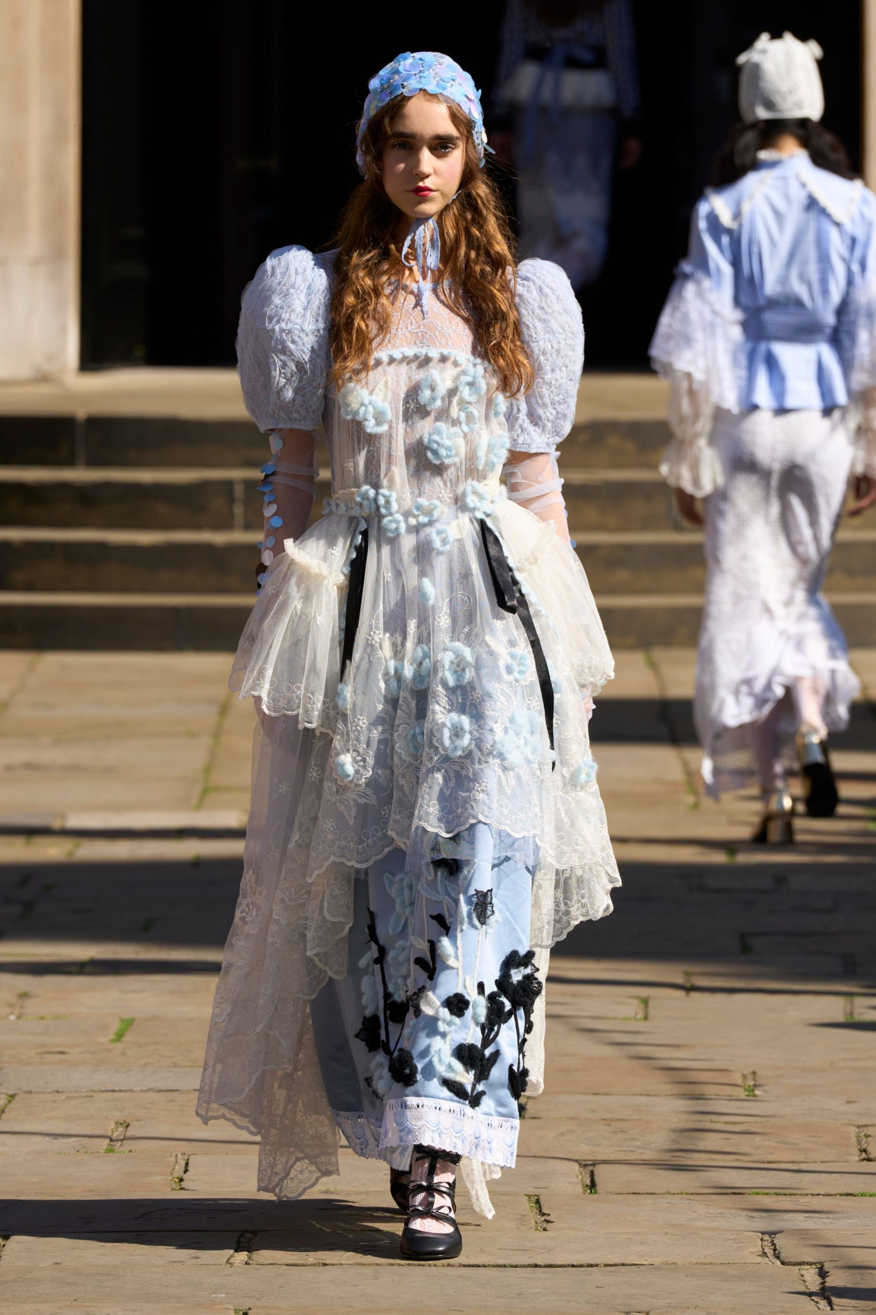 white lace long-sleeve v-neck fitted embroidered layered dress