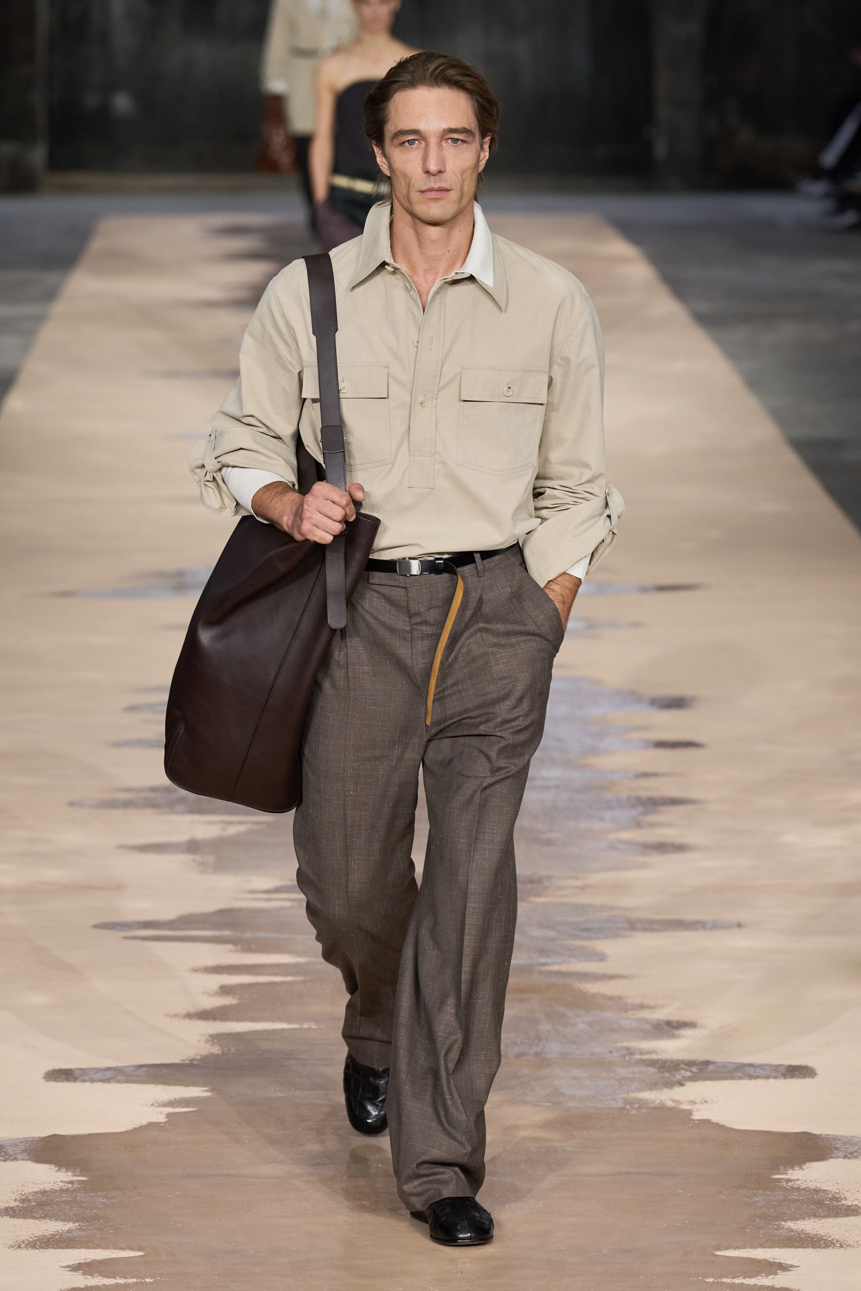 beige relaxed shirt gray tailored pants