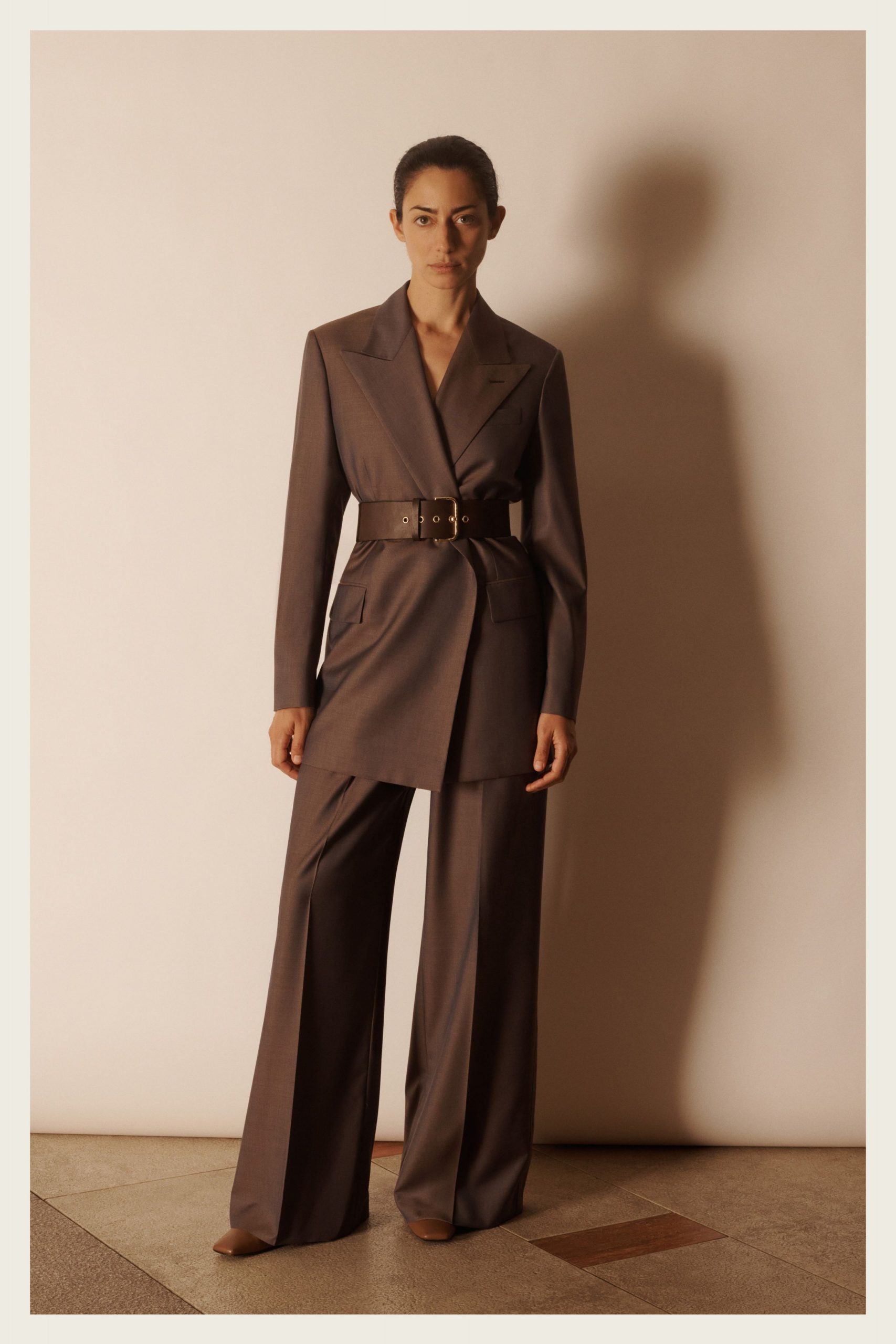 brown wool long-sleeve collared tailored buttoned belted blazer