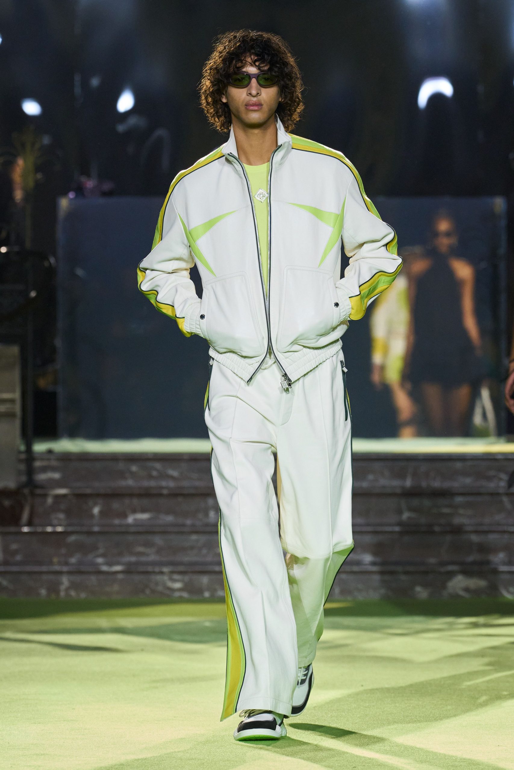 white and yellow relaxed jacket and pants