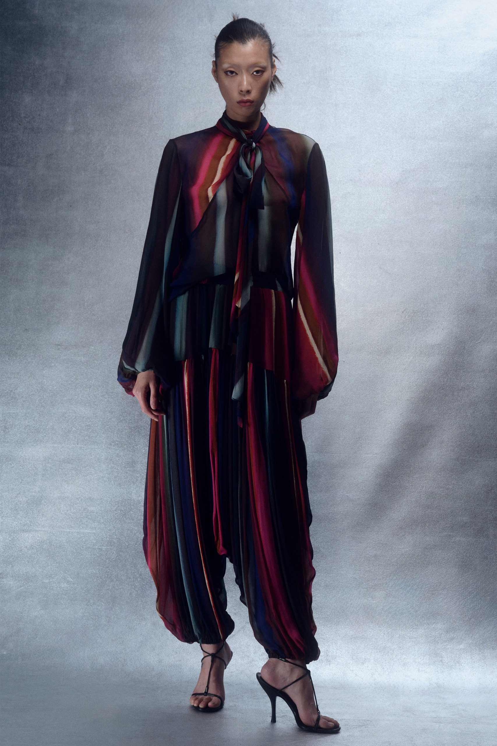 multi silk long-sleeve collared relaxed pleated draped jumpsuit