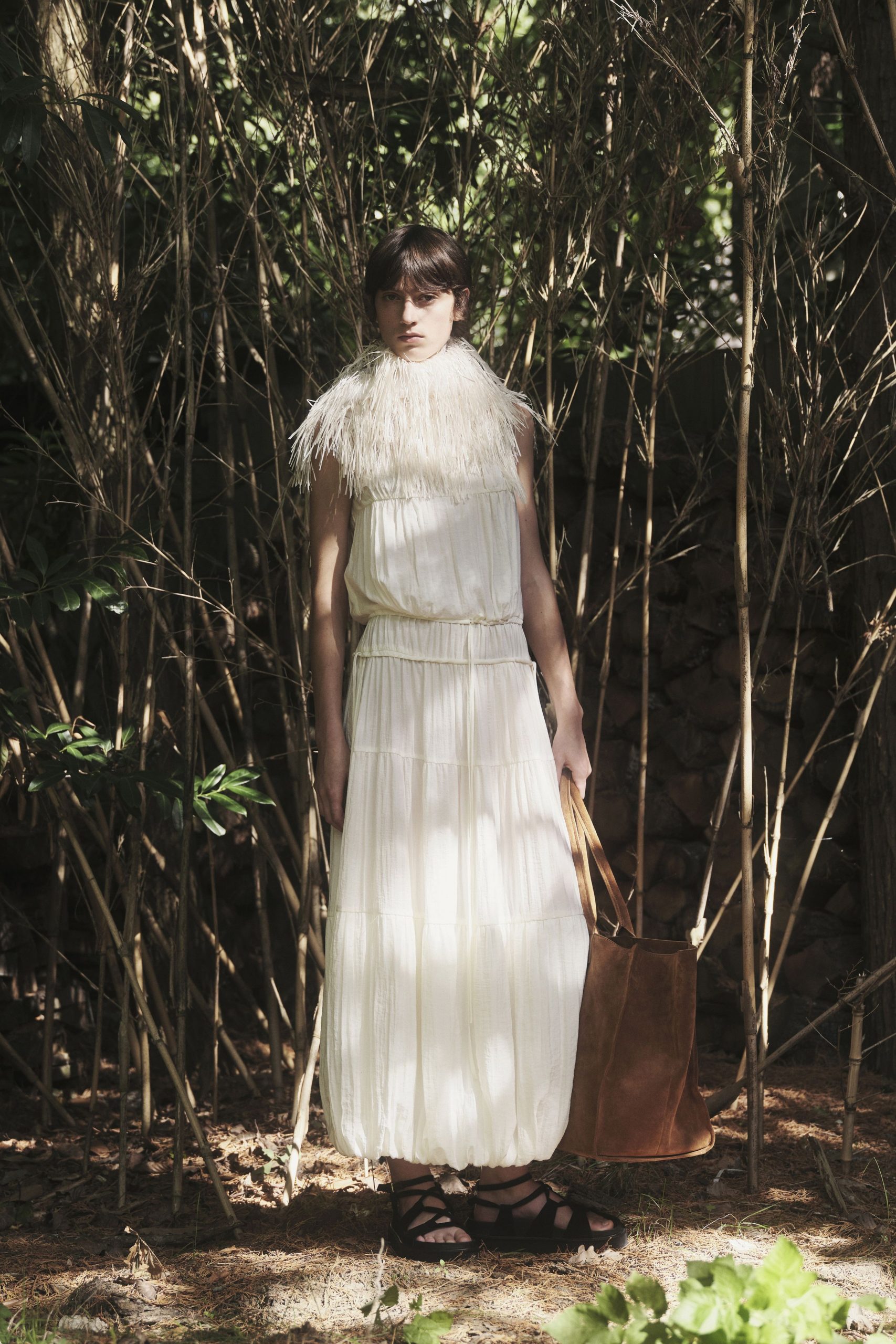 white cotton sleeveless high-neck fitted tiered ruffled dress