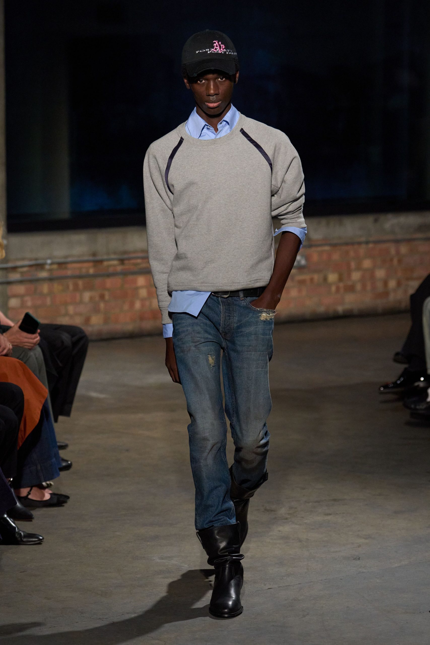 gray relaxed sweater with blue shirt