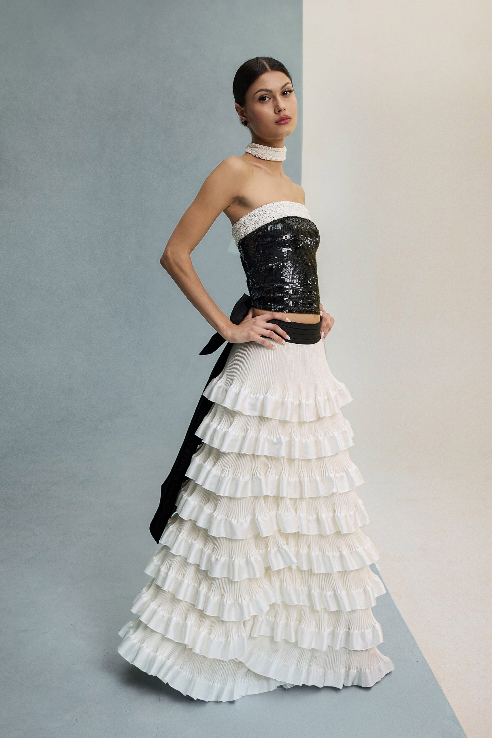black and white strapless gown