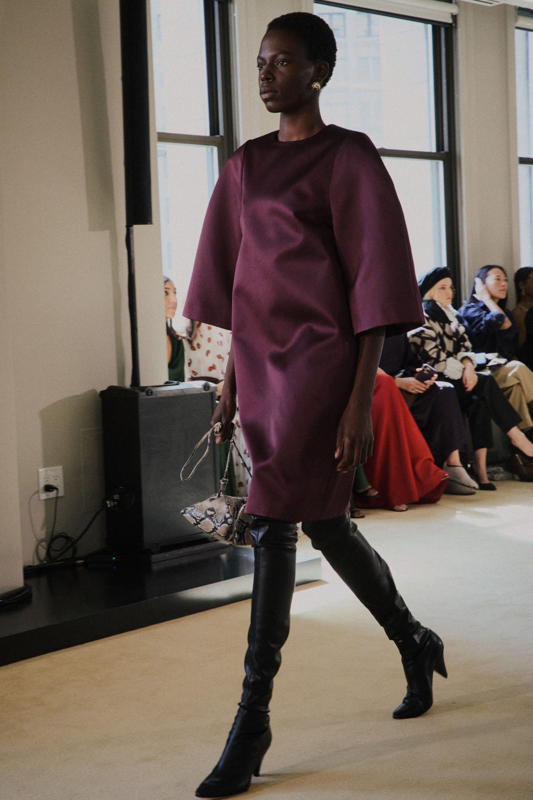 purple silk short-sleeve high-neck fitted structured midi dress