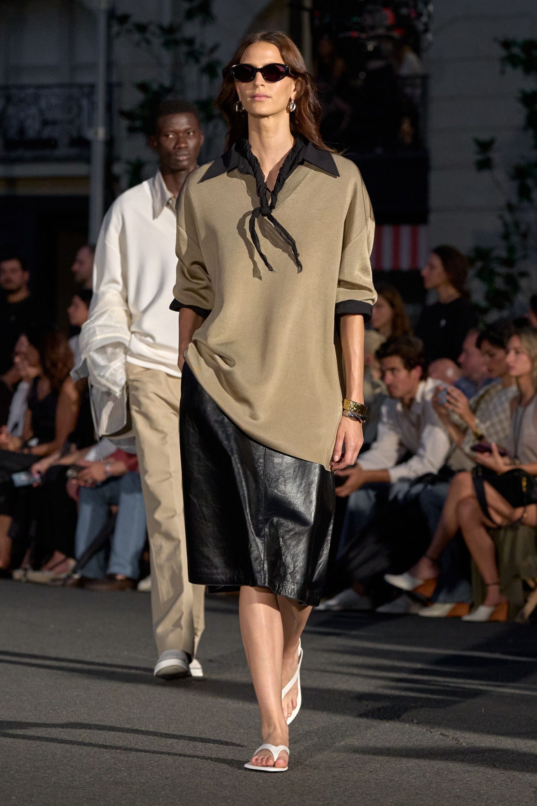 beige cotton long-sleeve collared relaxed top