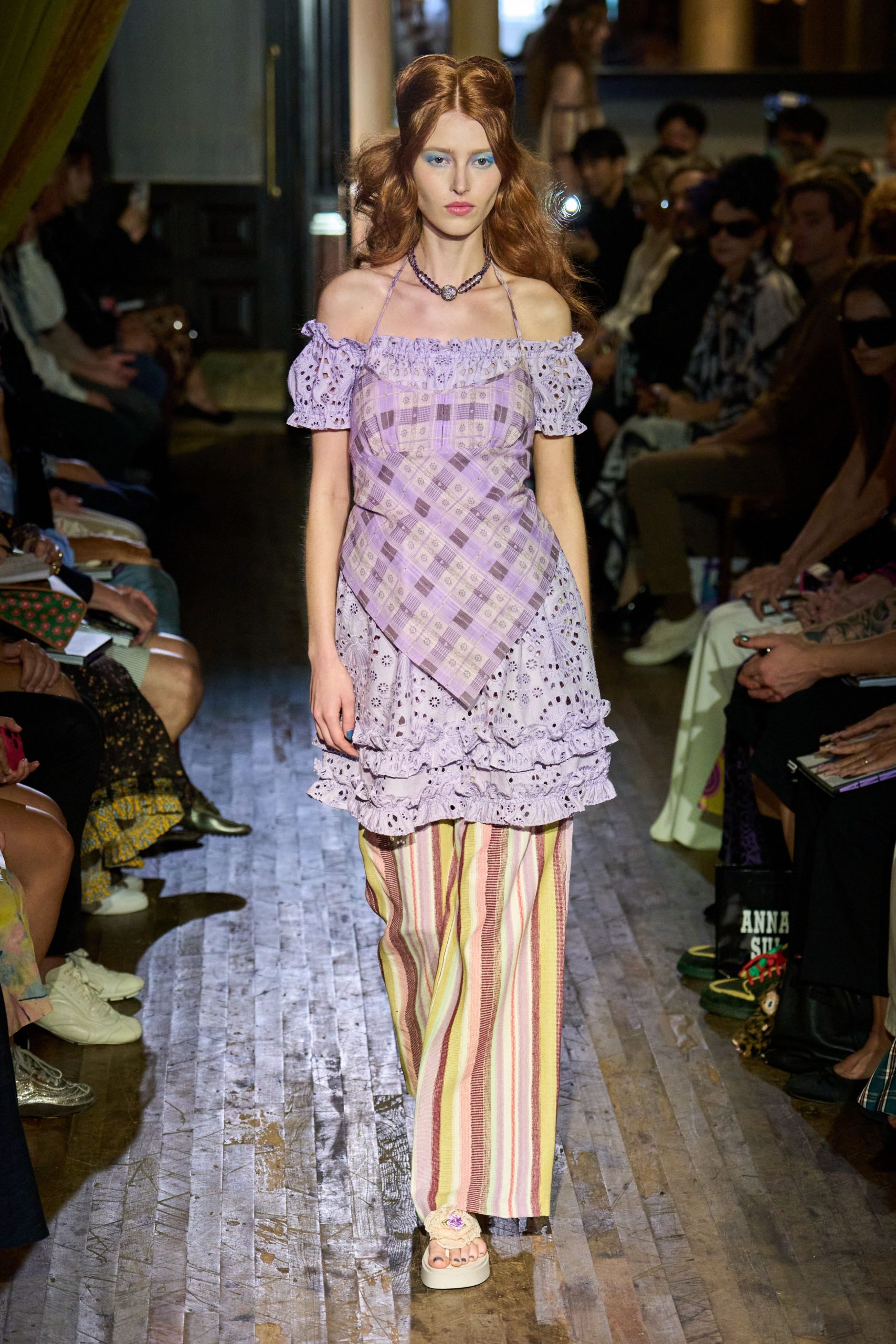 purple cotton off-shoulder short-sleeve fitted ruffled embroidered dress
