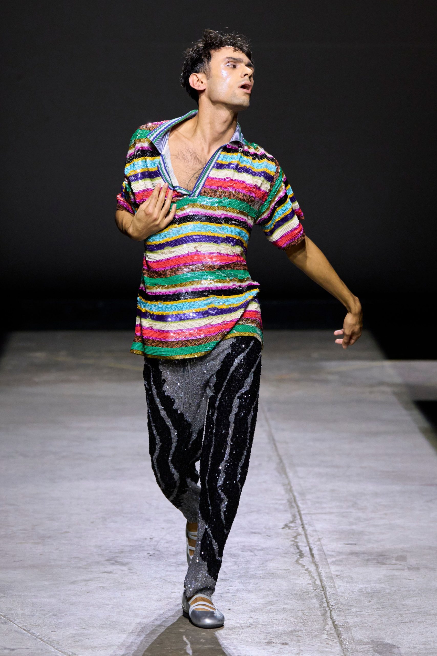multi sequin short-sleeve collared relaxed striped shiny top